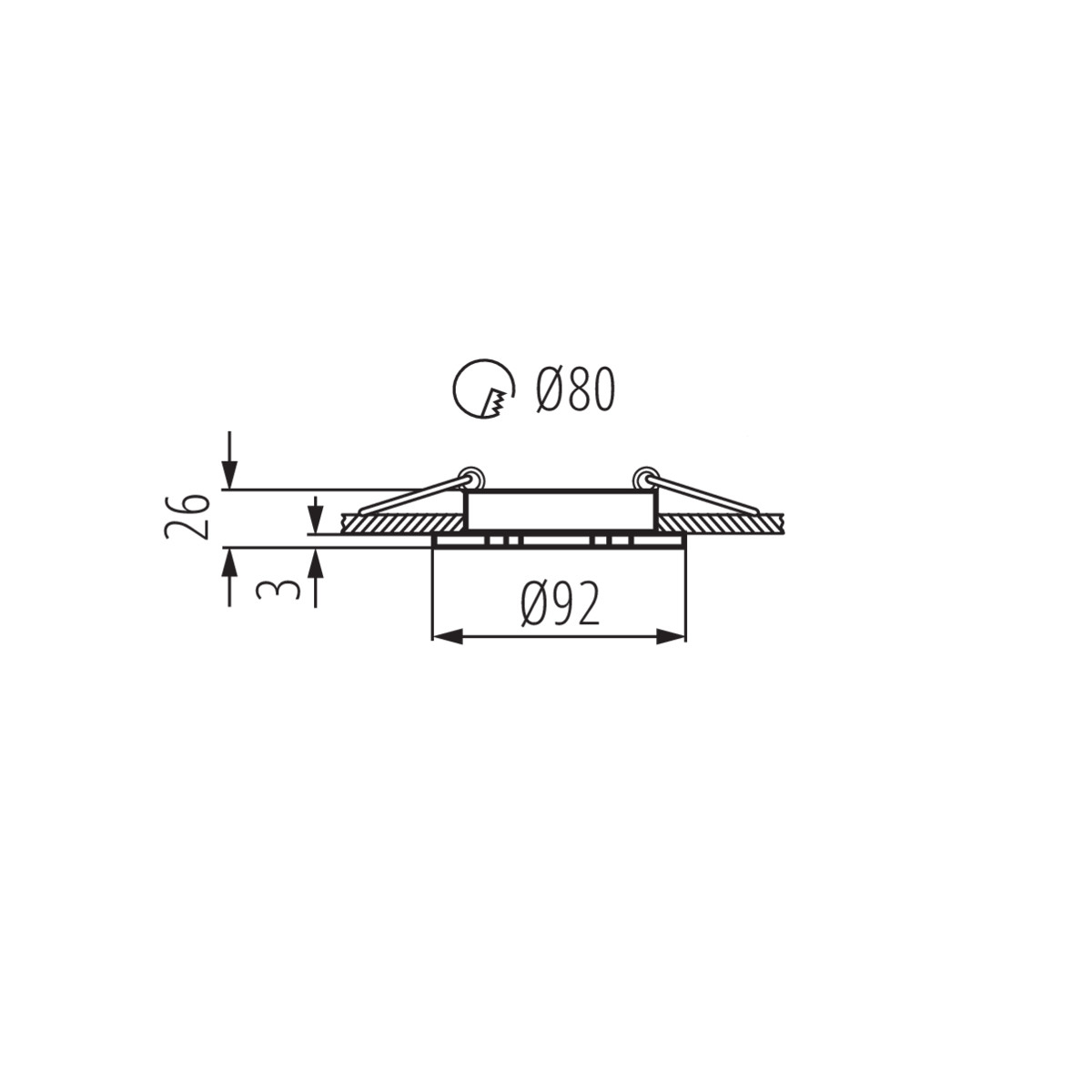 Dibujo técnico: una luminaria empotrada circular con dimensiones y detalles de montaje.