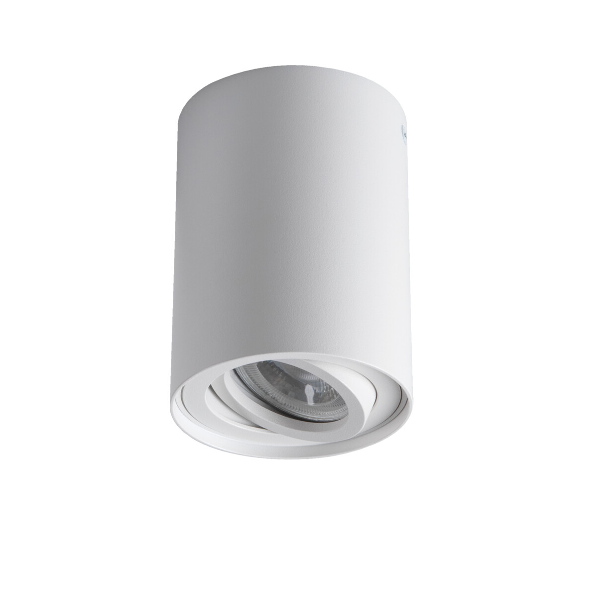 Lampada da soffitto cilindrica bianca con lampada inclinata e regolabile.