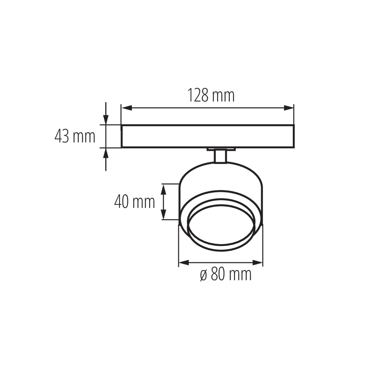 Diagramma di un faretto con dimensioni: 128 mm, 43 mm, 40 mm e 80 mm.