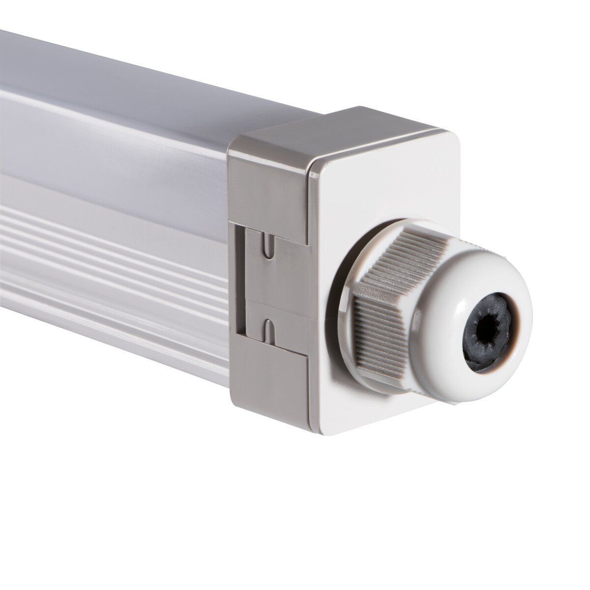 Weiß-graues Leuchtenbauteil. Grauer Stecker, weißer Körper. Weißer Hintergrund.