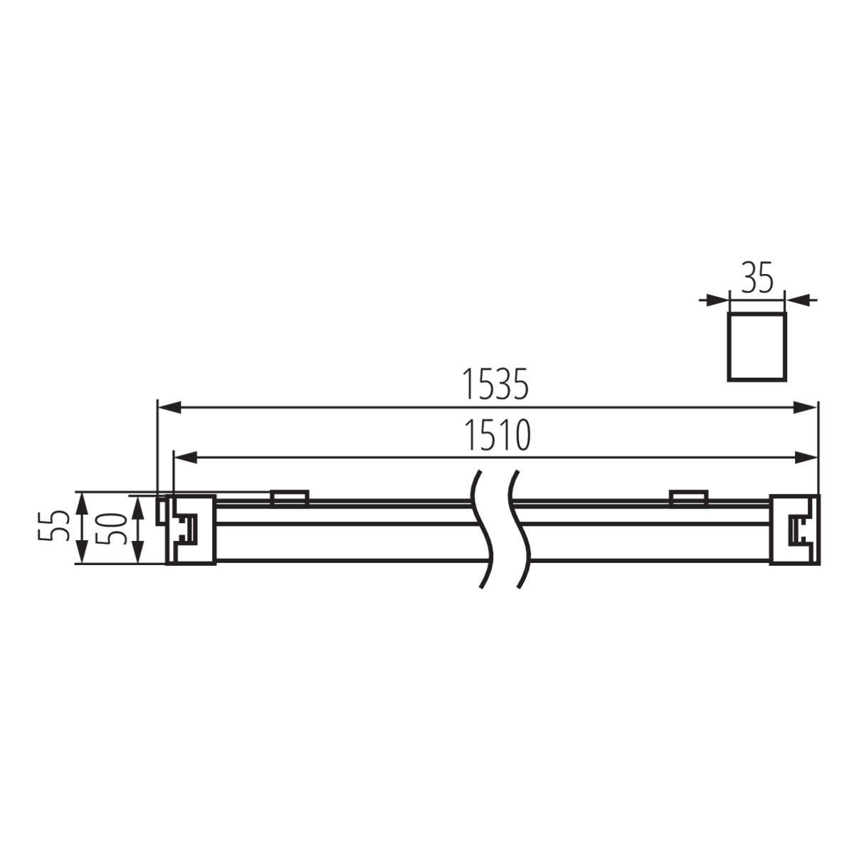 Diagramm einer Leuchte mit den Maßen: 1535 mm, 1510 mm, 55 mm, 50 mm und 35 mm.