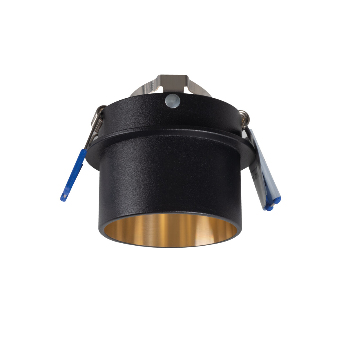 Un faretto nero e oro con fili blu. Il faretto è isolato su sfondo bianco.