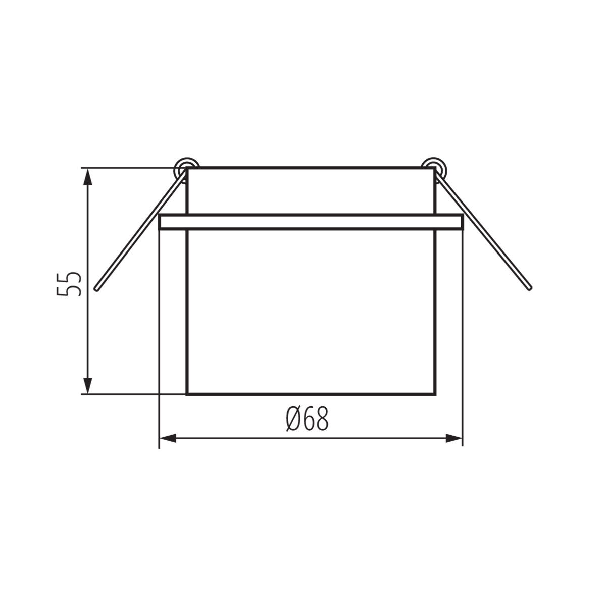 Disegno tecnico di un apparecchio a incasso con dimensioni e dettagli di montaggio.
