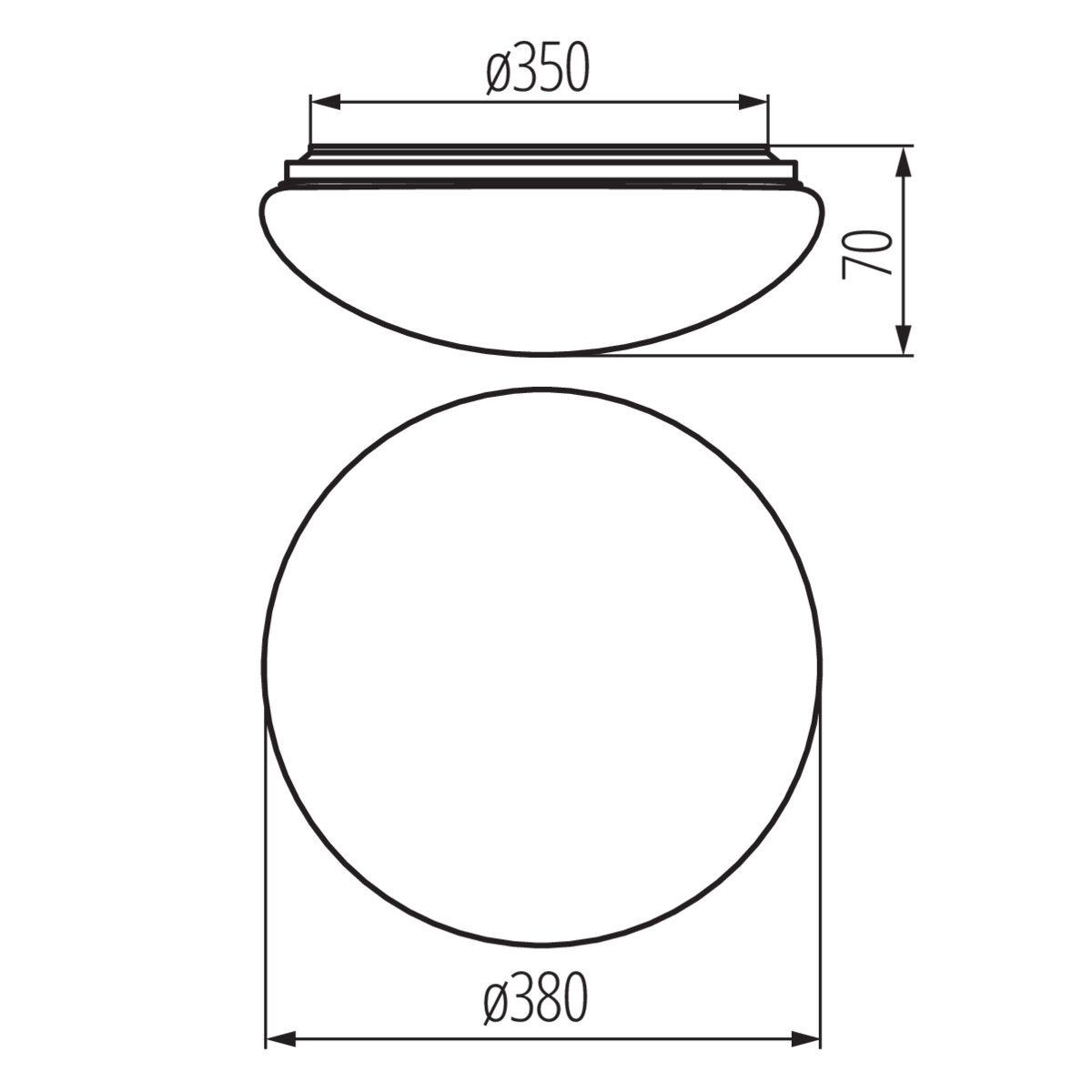 Diagramma di un apparecchio di illuminazione circolare che mostra viste dall'alto e laterali con dimensioni in mm.