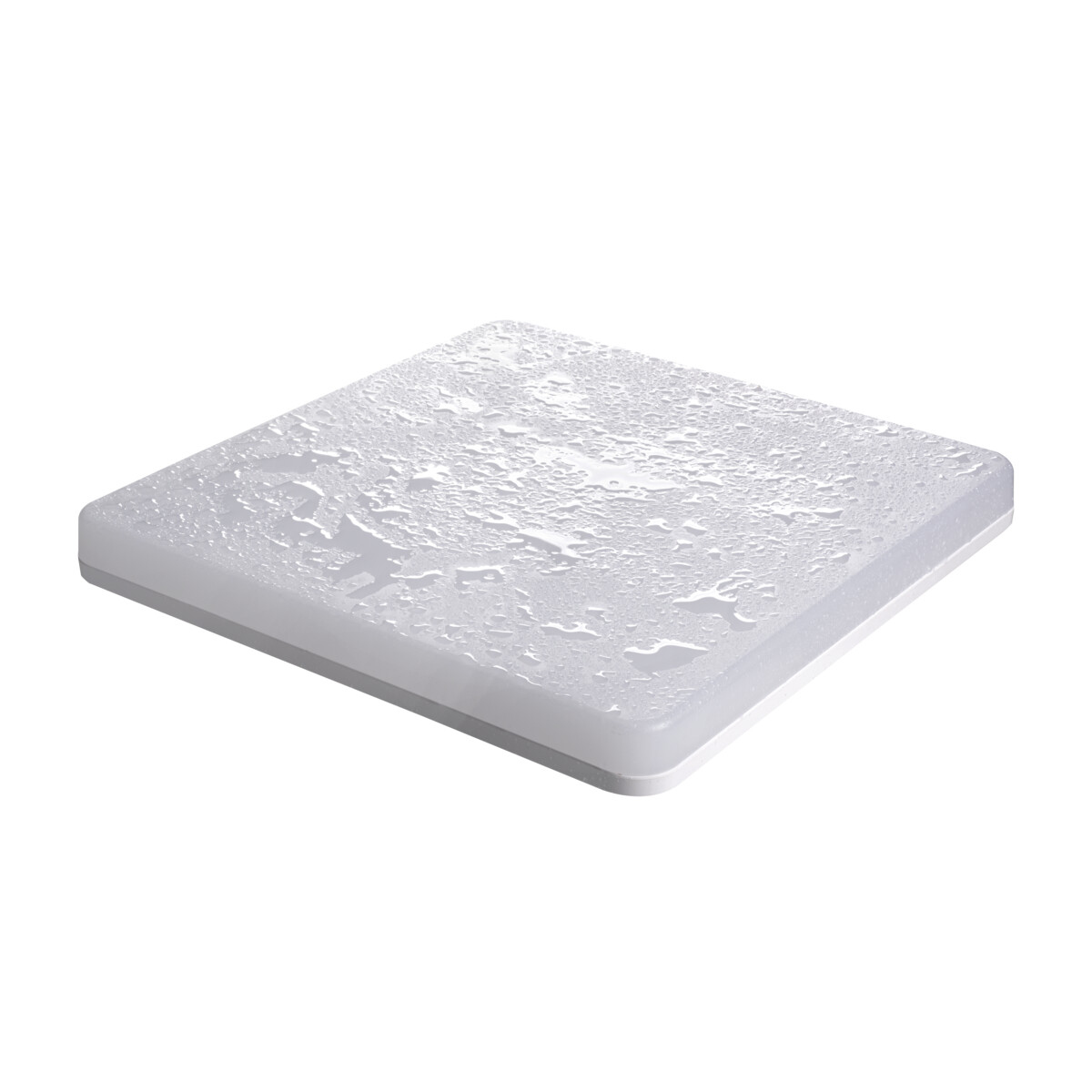 Panneau lumineux carré blanc avec gouttelettes d'eau, légèrement incliné. Cadre blanc, isolé.