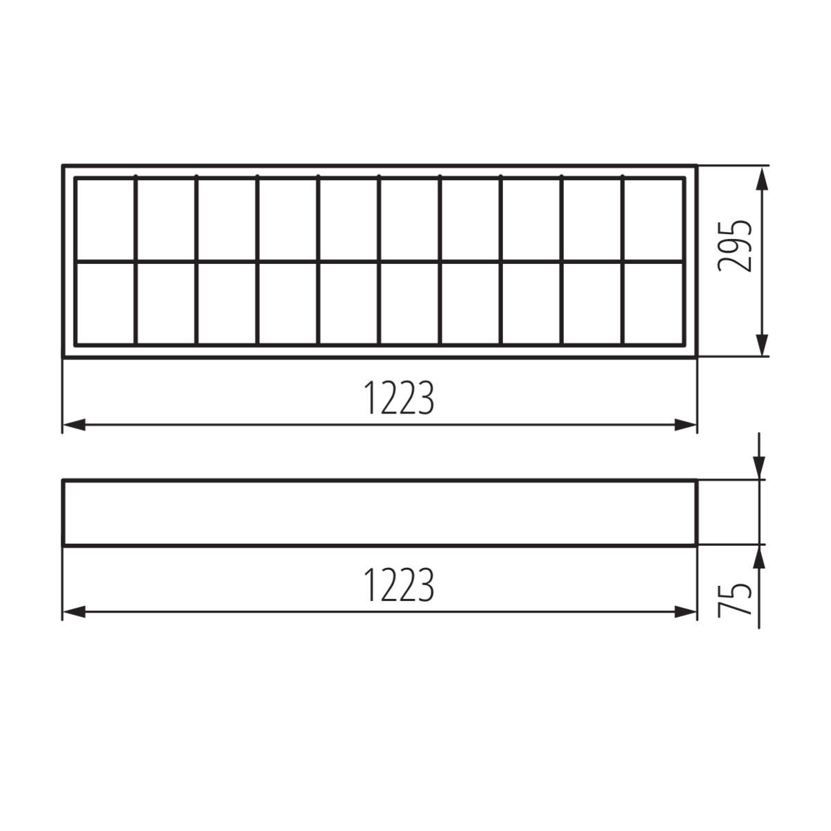 Dibujo técnico de una luminaria rectangular. Incluye dimensiones y estructura de rejilla. Líneas negras sobre blanco.