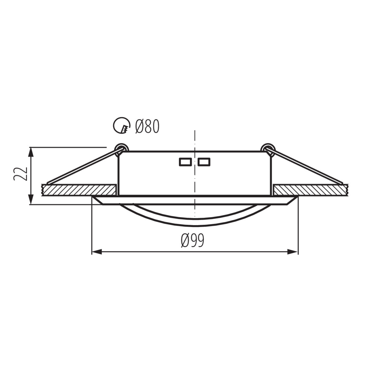Disegno tecnico di un apparecchio a incasso, con dimensioni e dettagli di installazione.