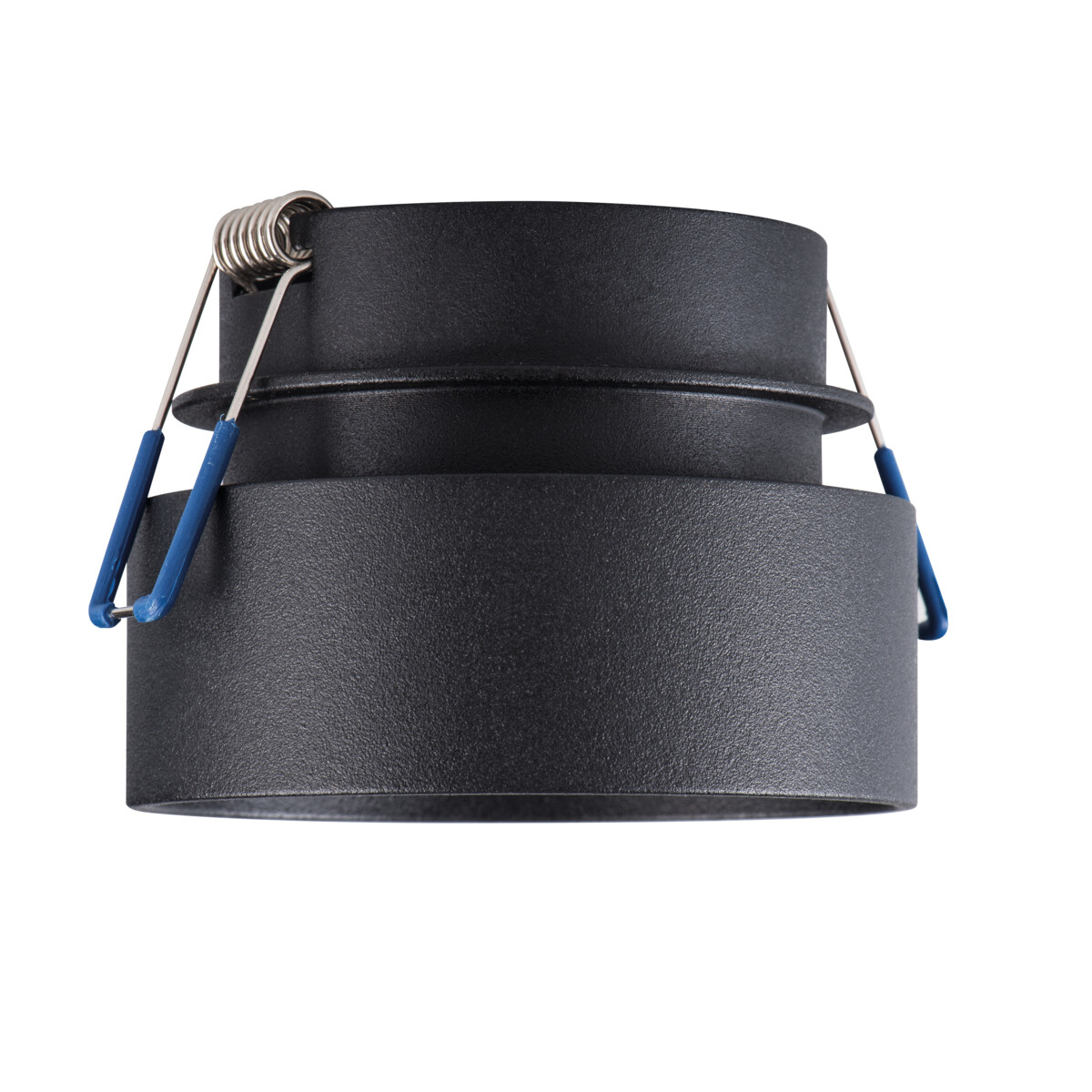 Faretto nero con clip blu.