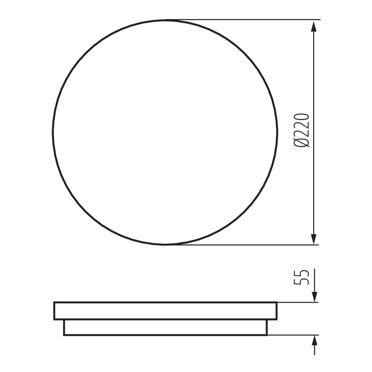 Diagram met een cirkelvormige armatuur met afmetingen: Ø220, 55mm en dikte.