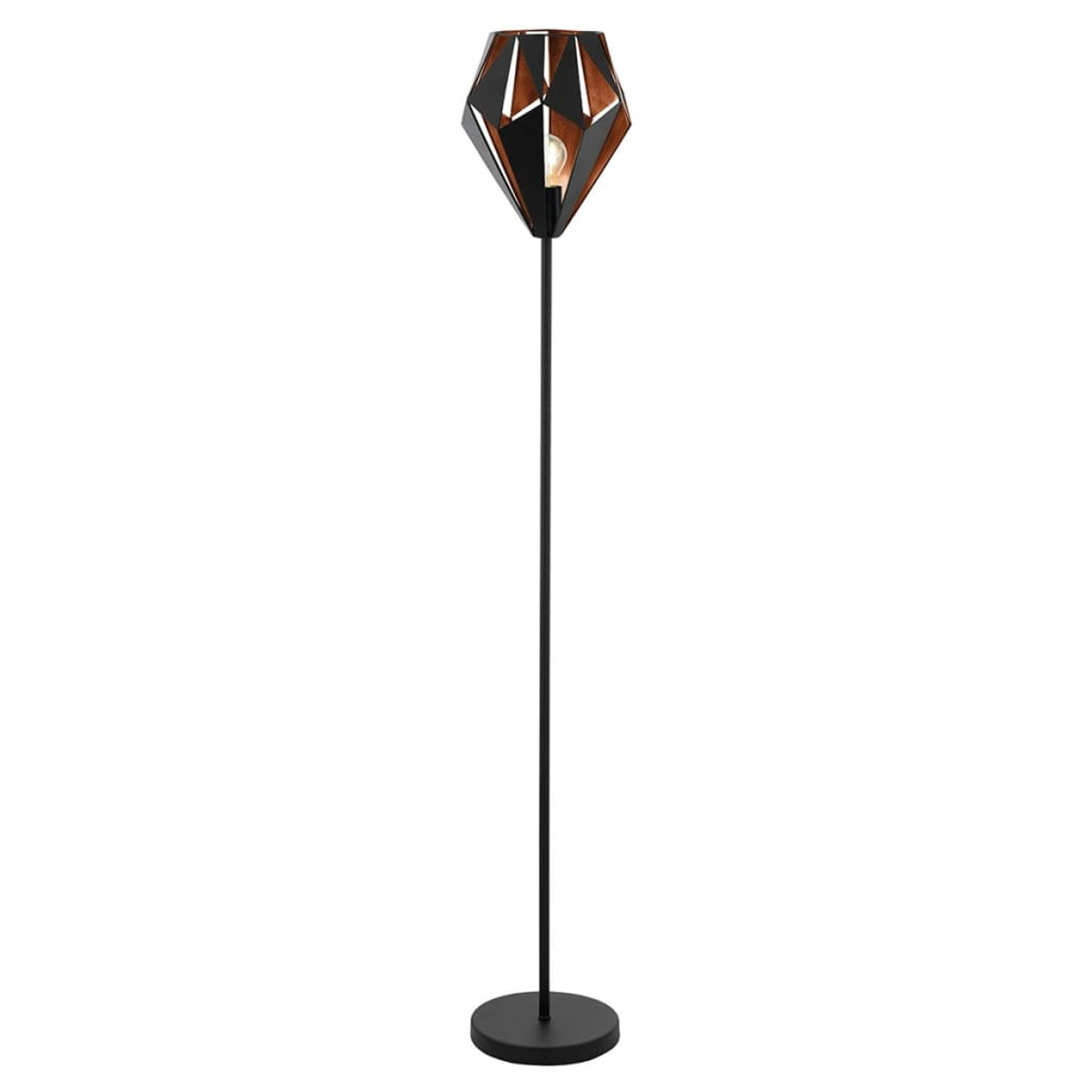 Lampada da terra con base e stelo neri, sormontata da un paralume geometrico nero e ramato. Sfondo bianco.