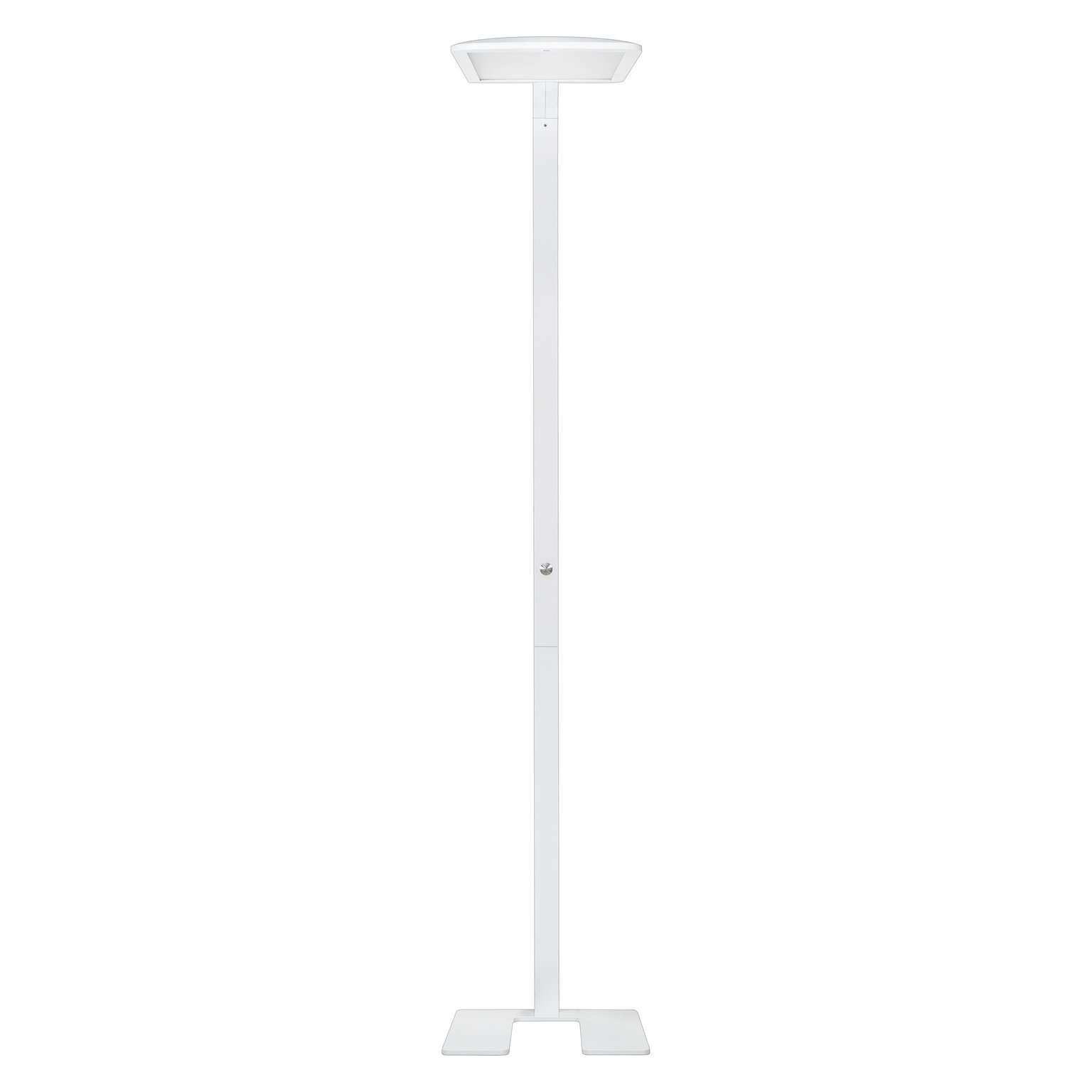 Weiße Stehlampe mit rechteckigem Sockel und Oberteil, geradem Stiel und weißem Hintergrund.
