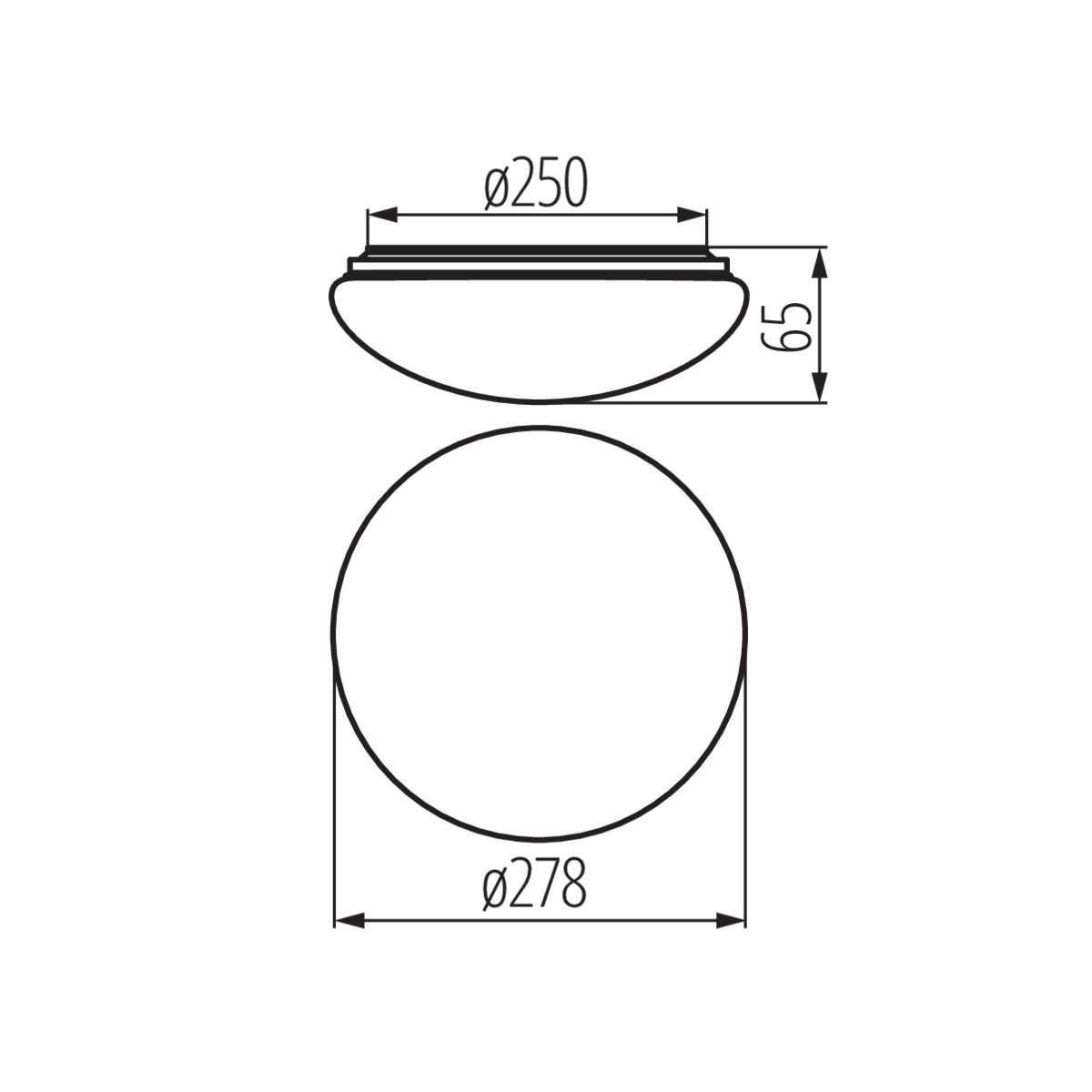 Disegno tecnico che mostra due viste con misure di un apparecchio di illuminazione circolare.