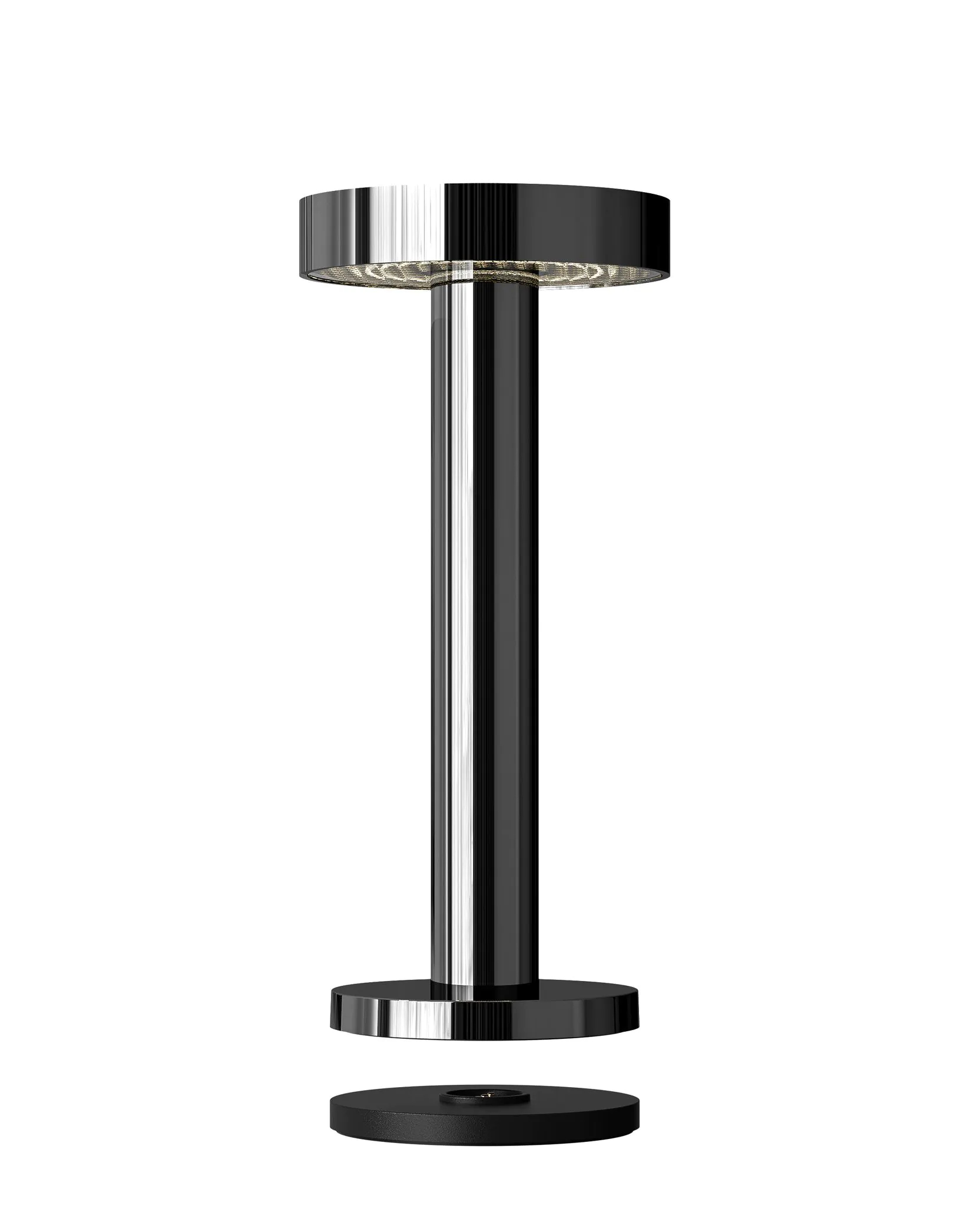 Una lámpara alta, negra y minimalista con base circular y luz arriba.