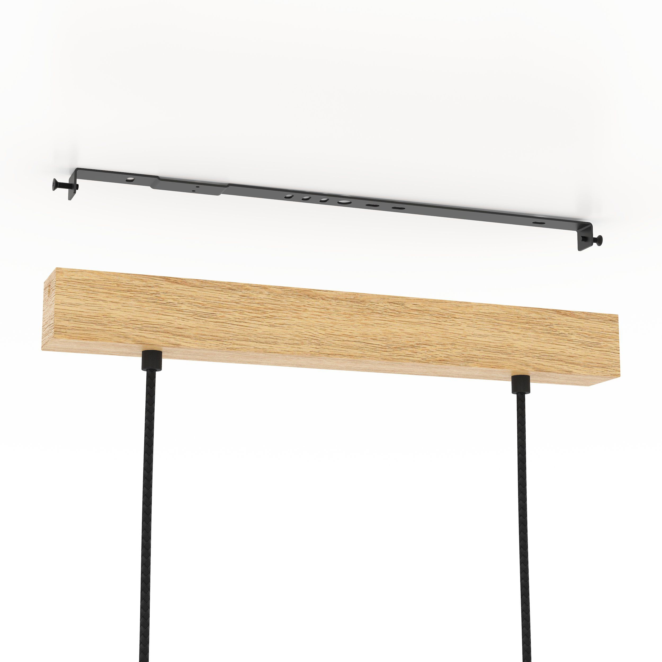 Holzbalken mit herunterhängenden schwarzen Kabeln. Ein schwarzes Metallstück ist oben, mit Schrauben.