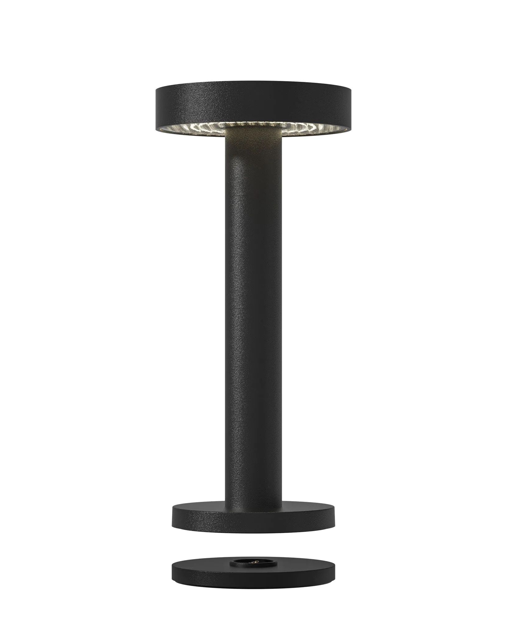 Lampada da esterno nera. Ha un corpo cilindrico, una base rotonda e una parte superiore piatta.