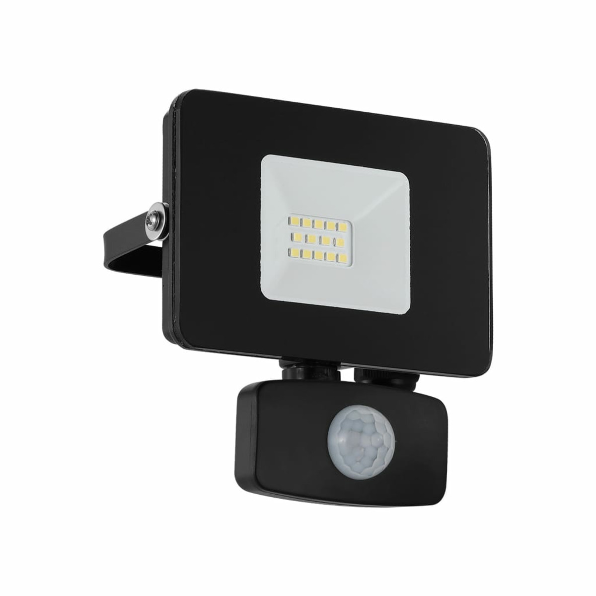 Faretto nero, testa quadrata, griglia di LED e sensore di movimento sotto su bianco.