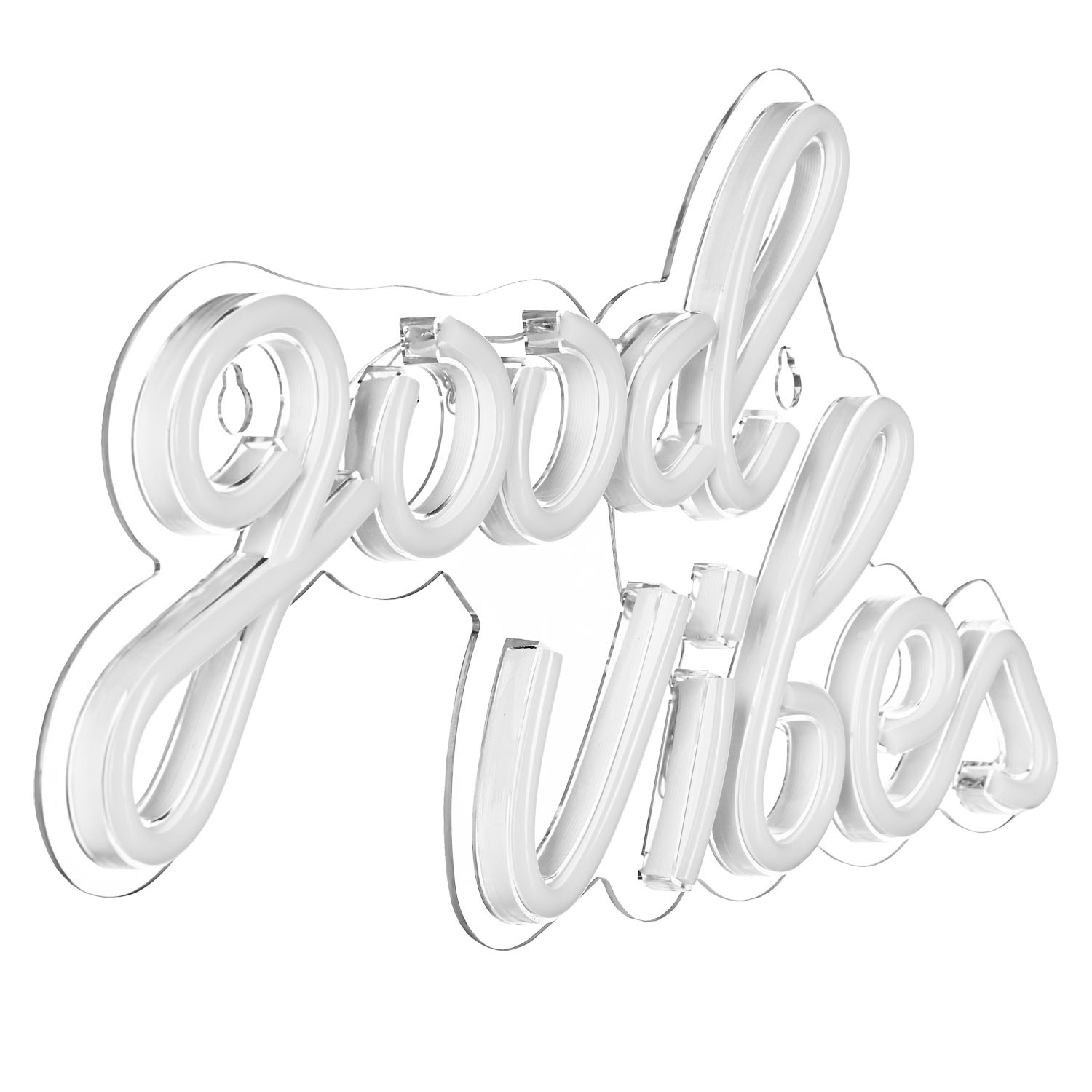 Insegna al neon bianca 'Good Vibes' in corsivo, contorno chiaro, su sfondo bianco.