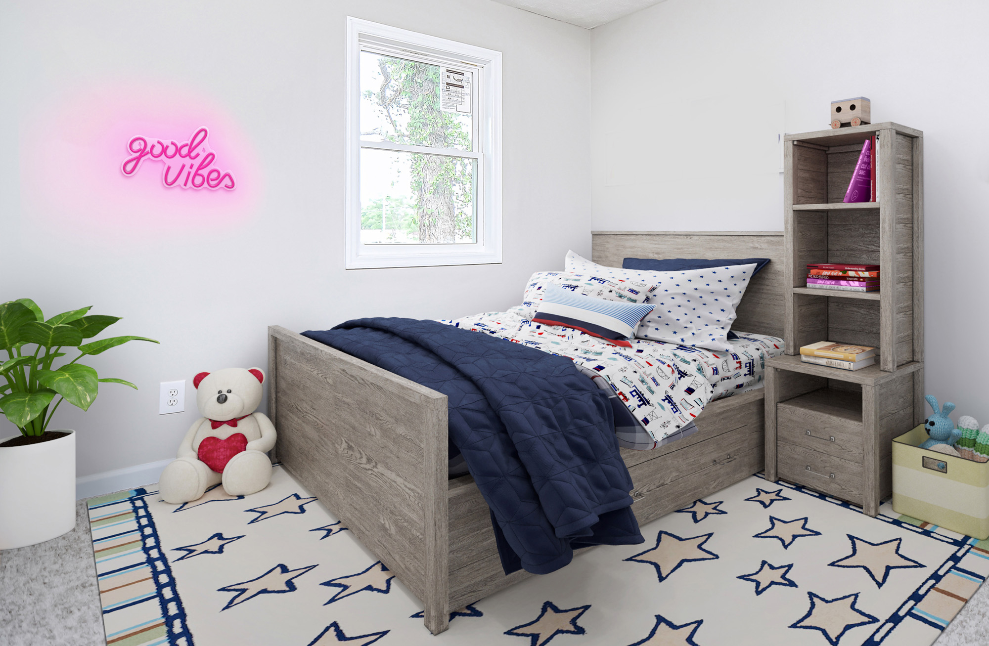 Camera da letto per bambini con letto, tappeto, scaffale, insegna al neon e giocattoli.