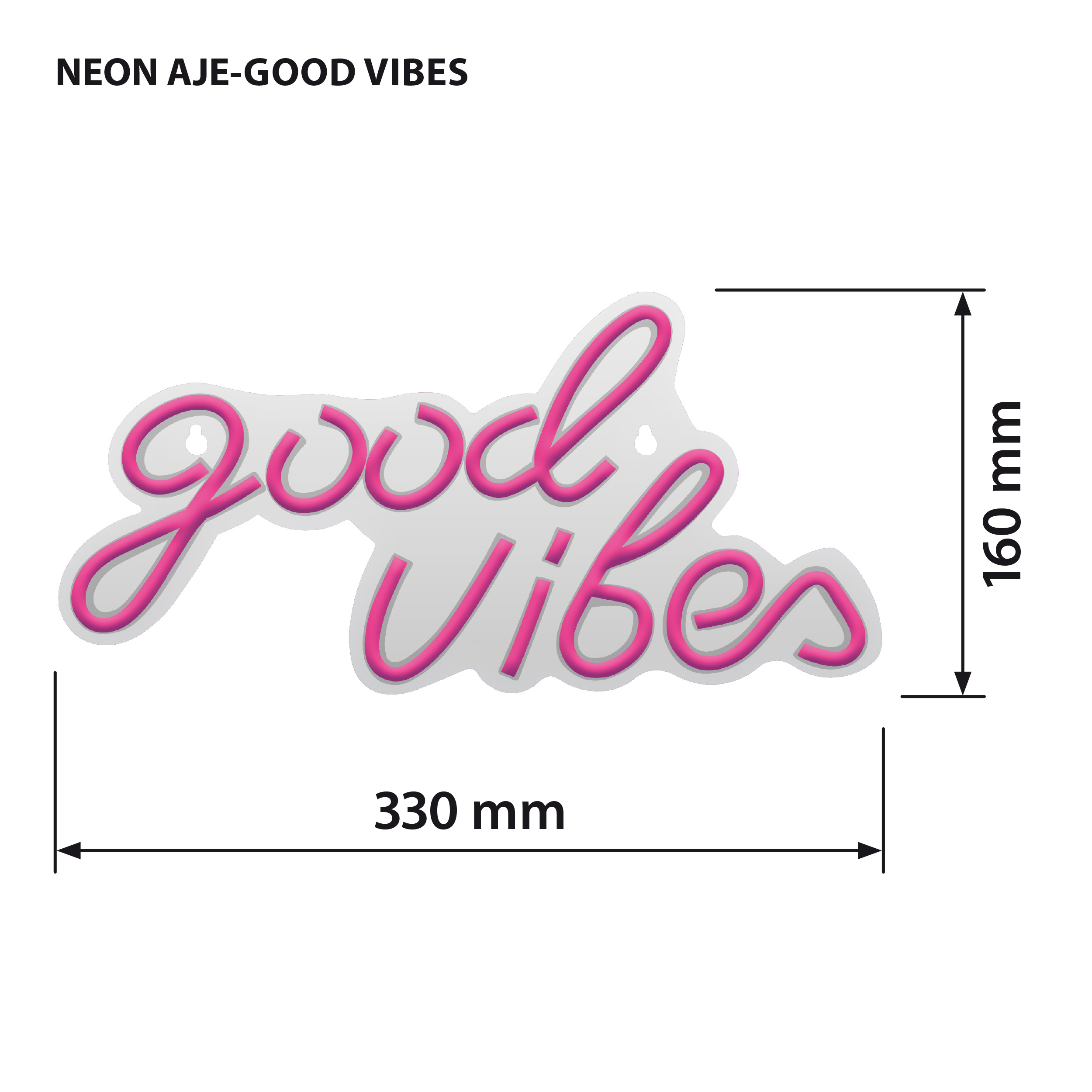 Insegna al neon con le parole 'Good Vibes' in rosa, con indicatori di dimensione, su bianco.