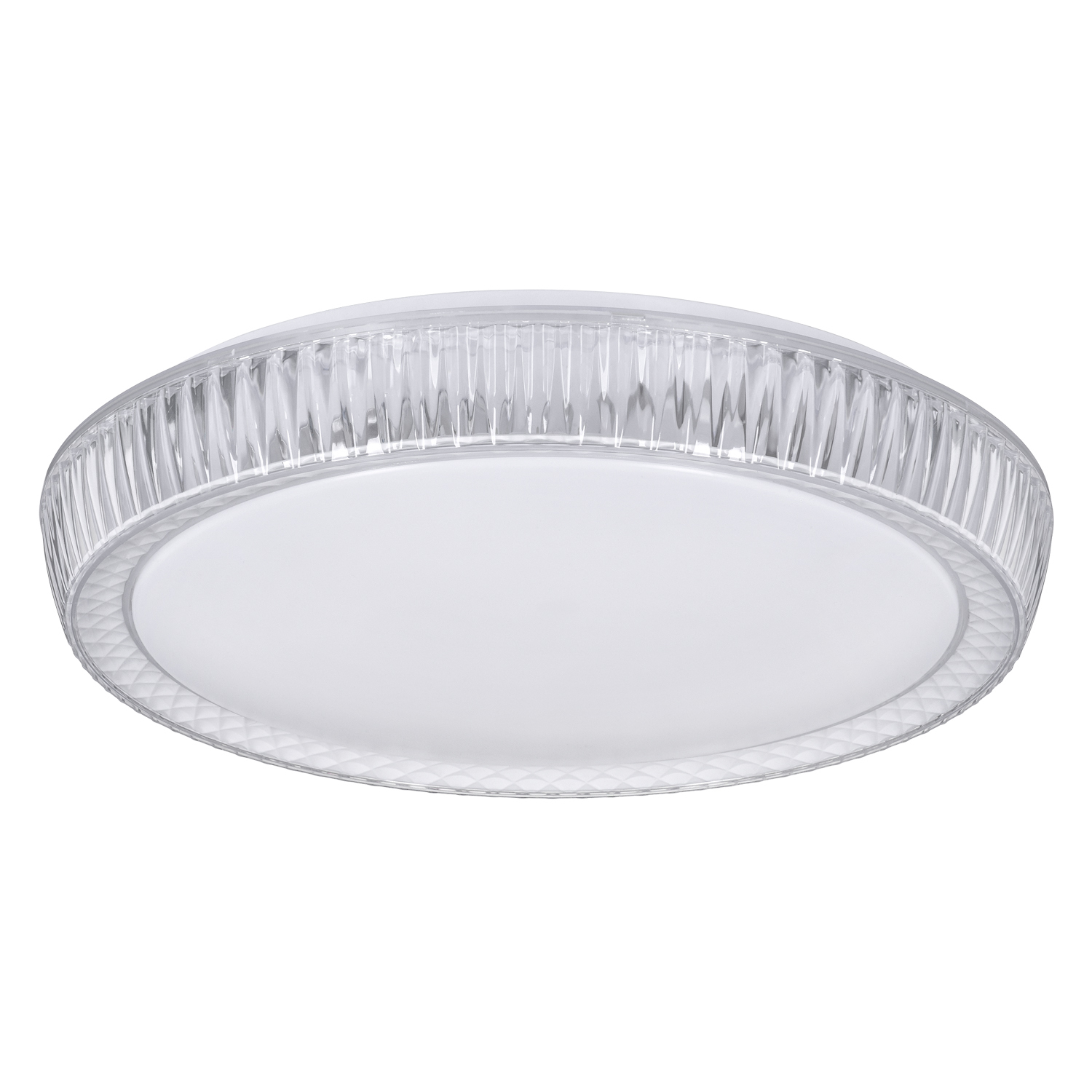 Un apparecchio di illuminazione a soffitto rotondo, bianco e trasparente con dettagli simili a cristalli sul bordo.