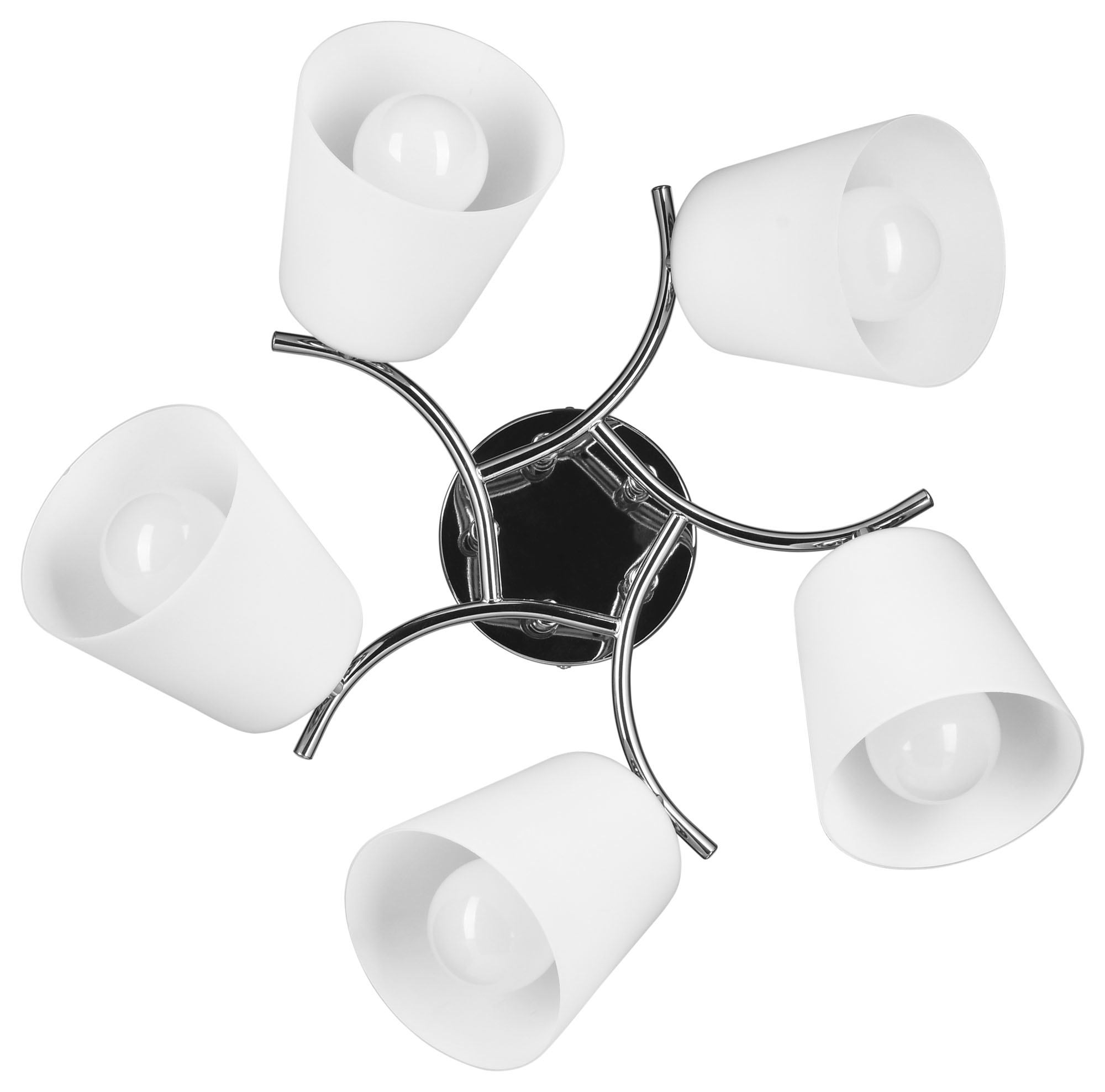 Lampada da soffitto con cinque paralumi bianchi a forma di cono, lampadine, montata su una base circolare cromata.