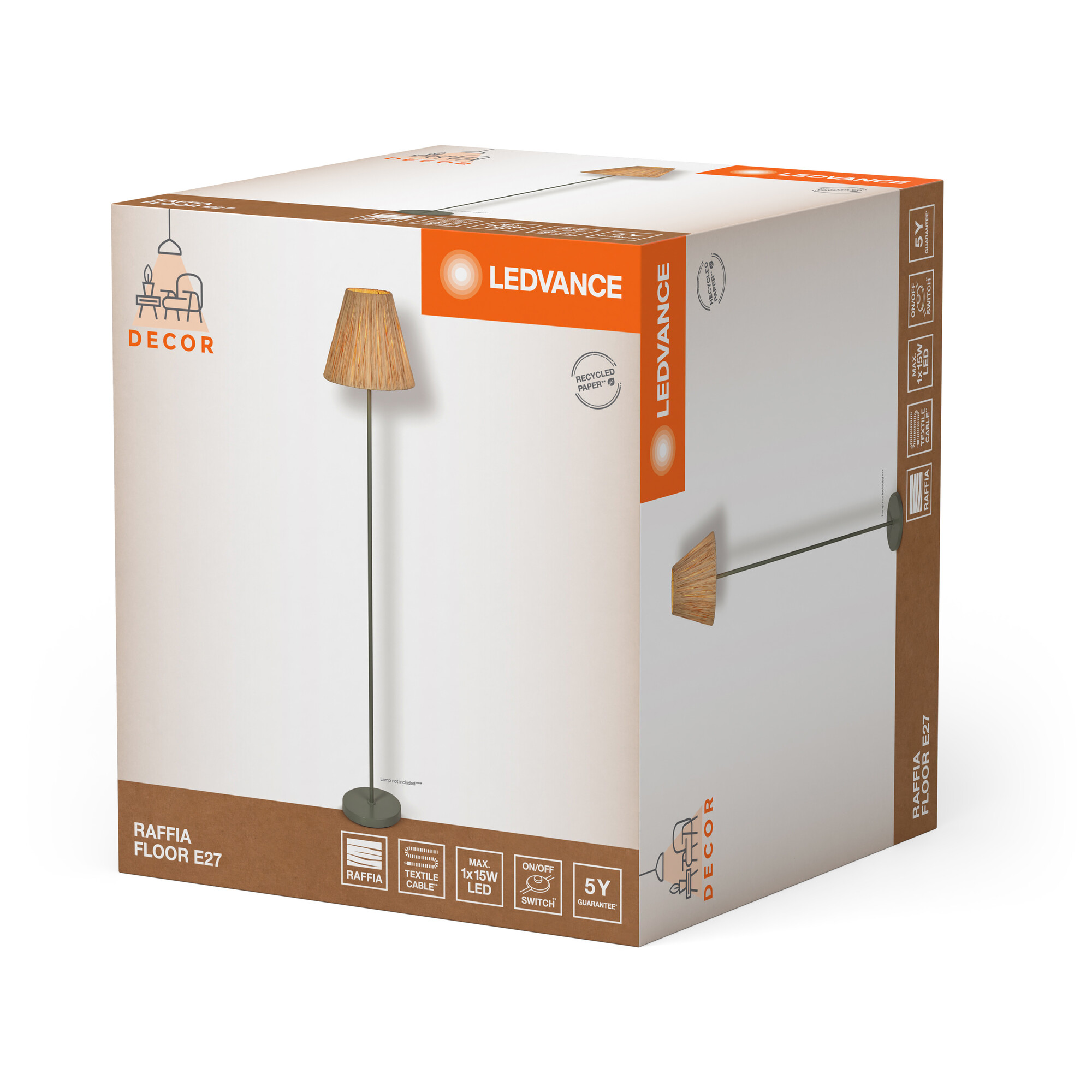 Ein Karton mit einer Abbildung einer Stehlampe. Die Lampe hat einen braunen Schirm.