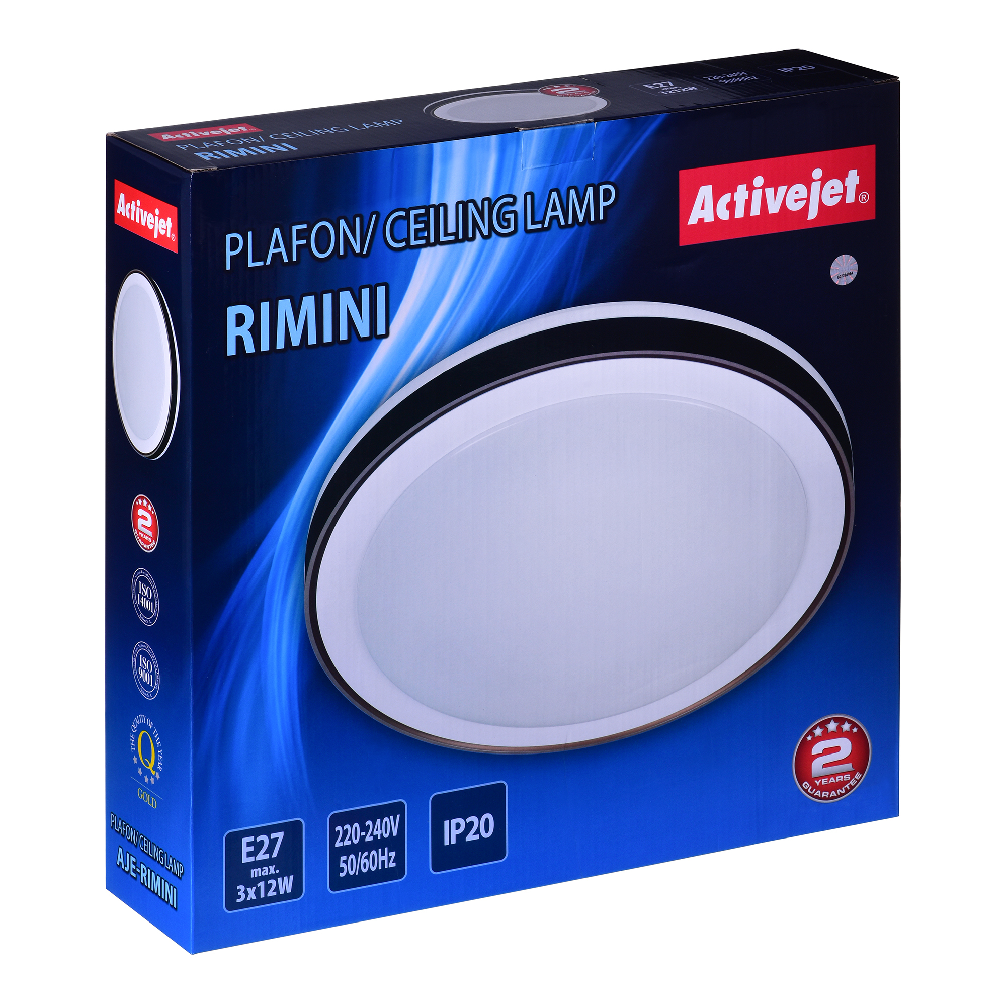 Scatola di una lampada da soffitto con forma ovale bianca. La scatola ha un design blu e bianco con testo.