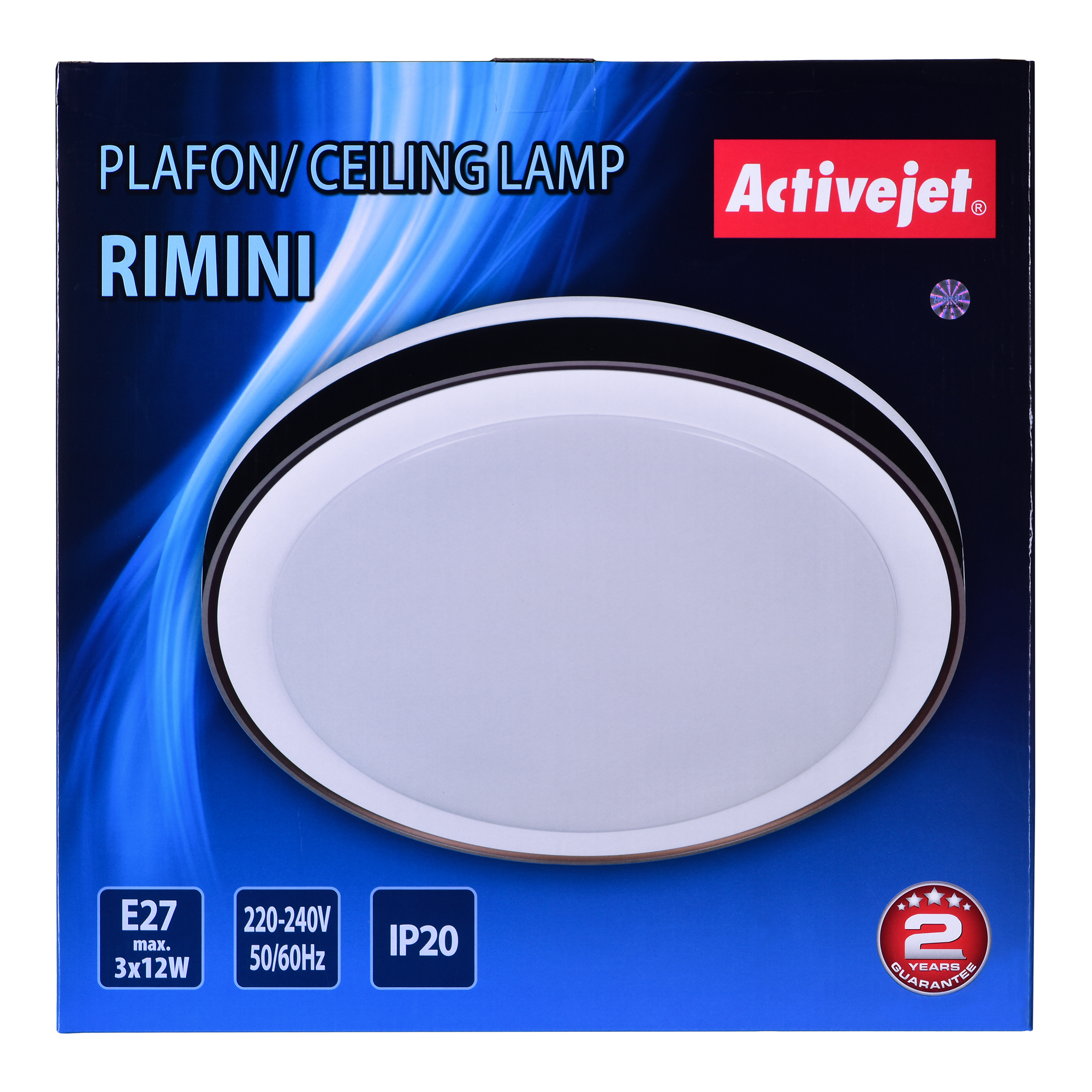 Una scatola di lampada da soffitto che mostra il nome del prodotto 'Rimini' e altri dettagli.