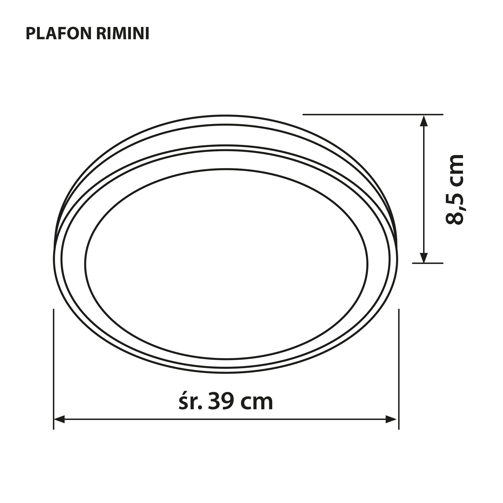 Disegno a contorno circolare di una lampada da soffitto con dimensioni. Il diametro è di 39 cm e 8,5 cm di altezza.