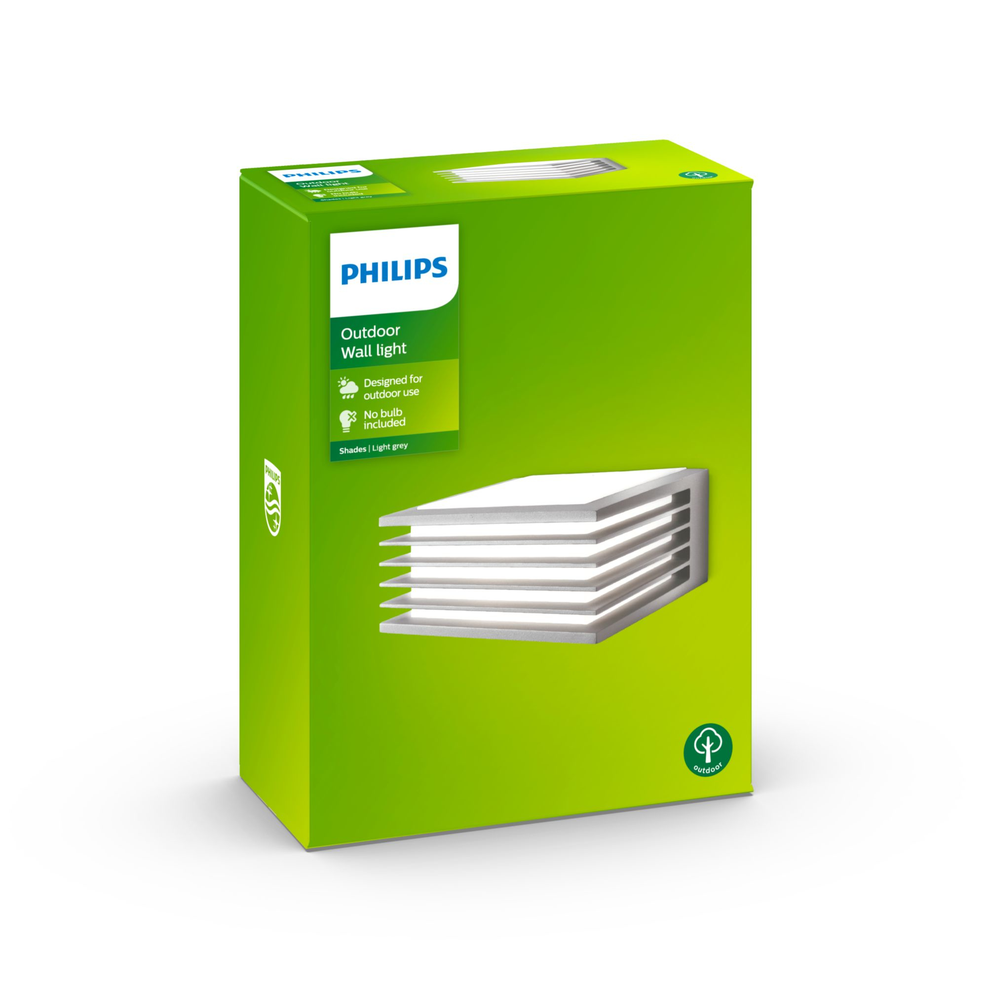 Grüne Box mit einer Außenwandleuchte. Die Box hat ein weißes Lichtdesign und Text.