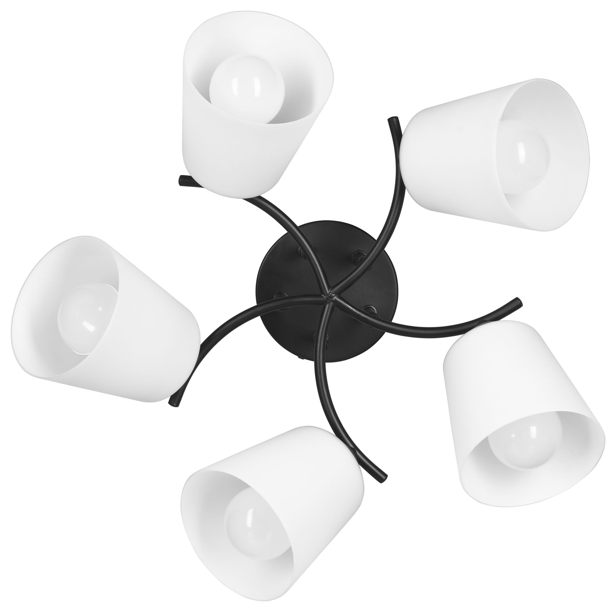 Un apparecchio di illuminazione a soffitto con cinque paralumi bianchi a forma di cono e un mozzo centrale nero.