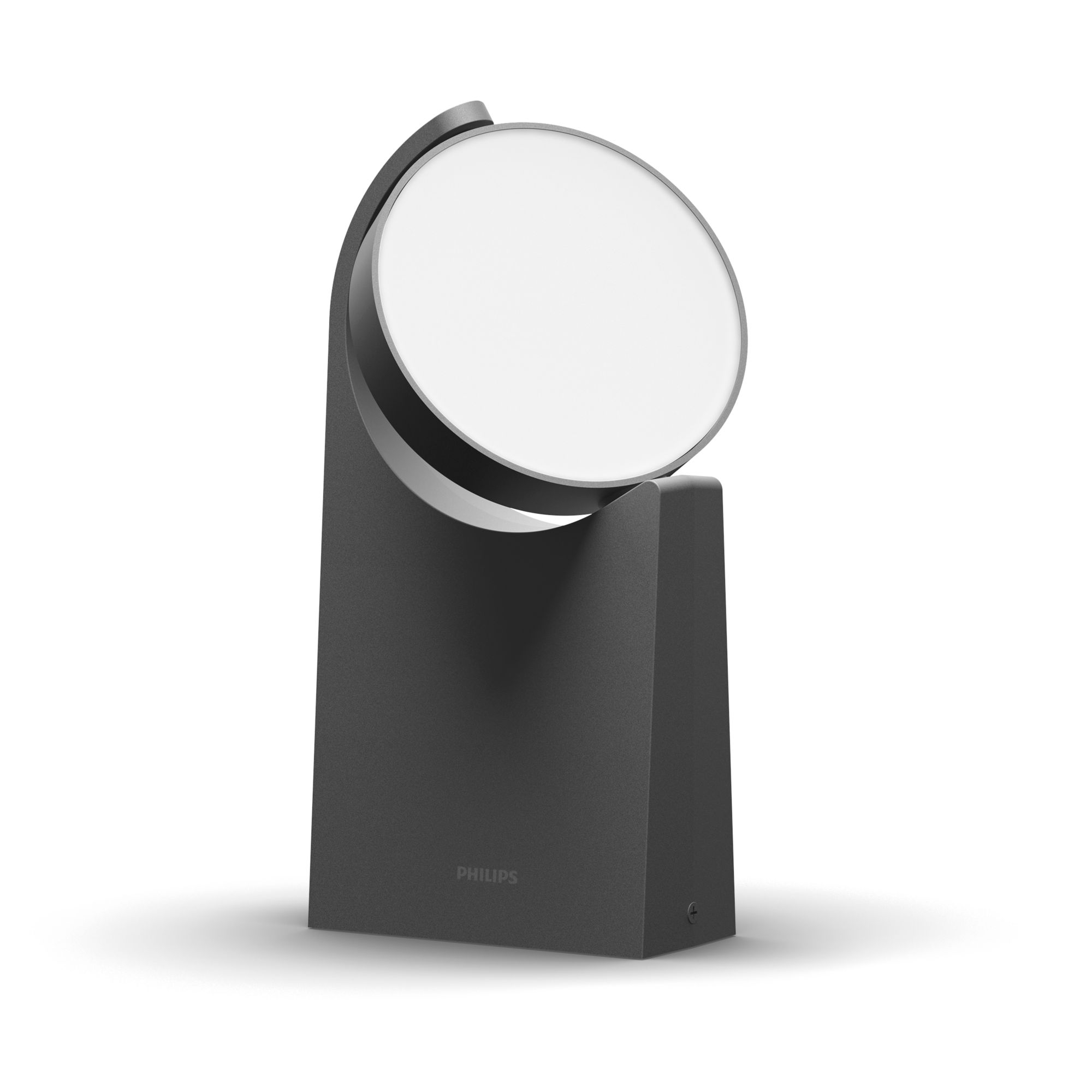 Una lampada da esterno moderna grigio scuro. Ha una sorgente luminosa circolare e un telaio di supporto curvo.