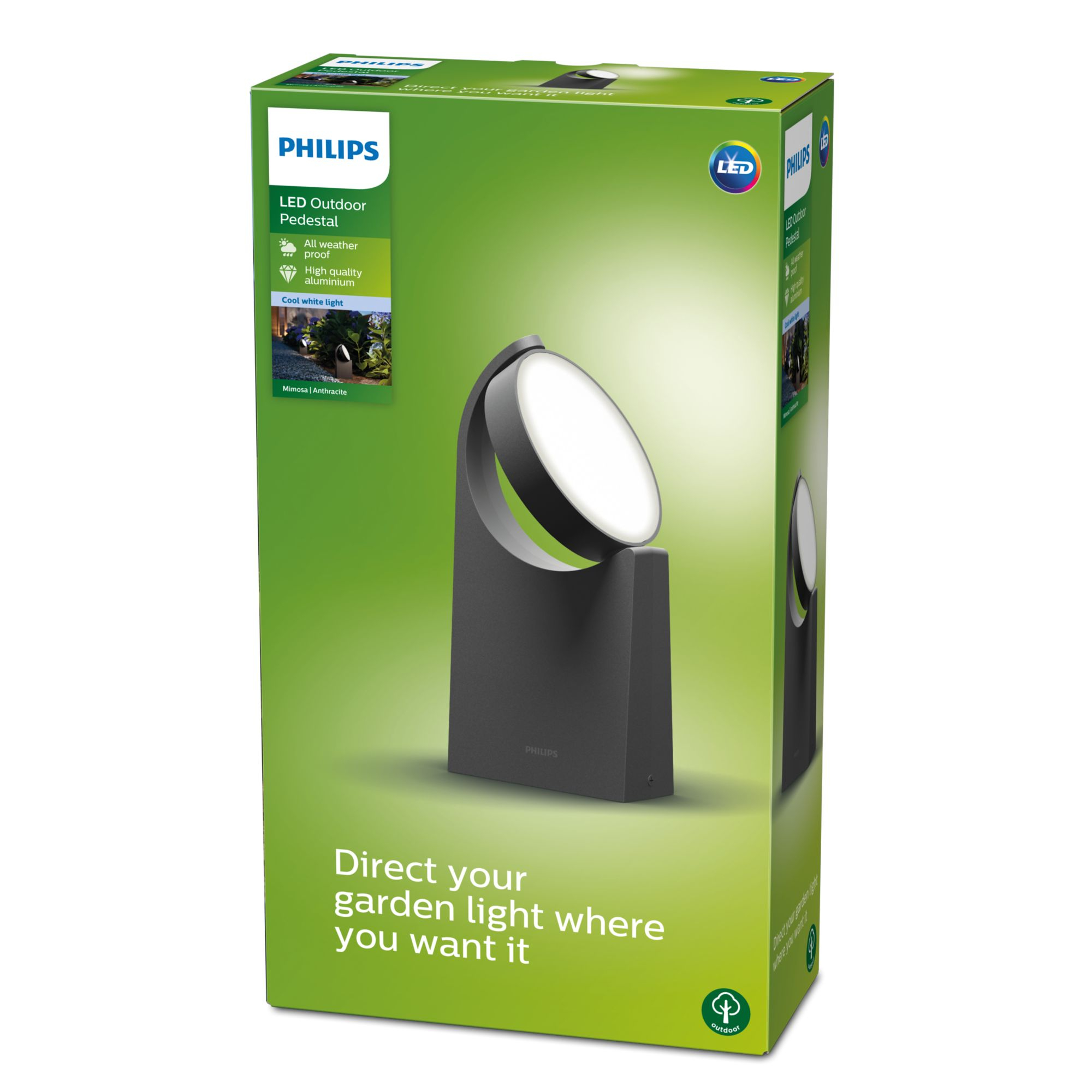 Una scatola che mostra una lampada da esterno nera con un design curvo. La scatola ha il logo Philips.