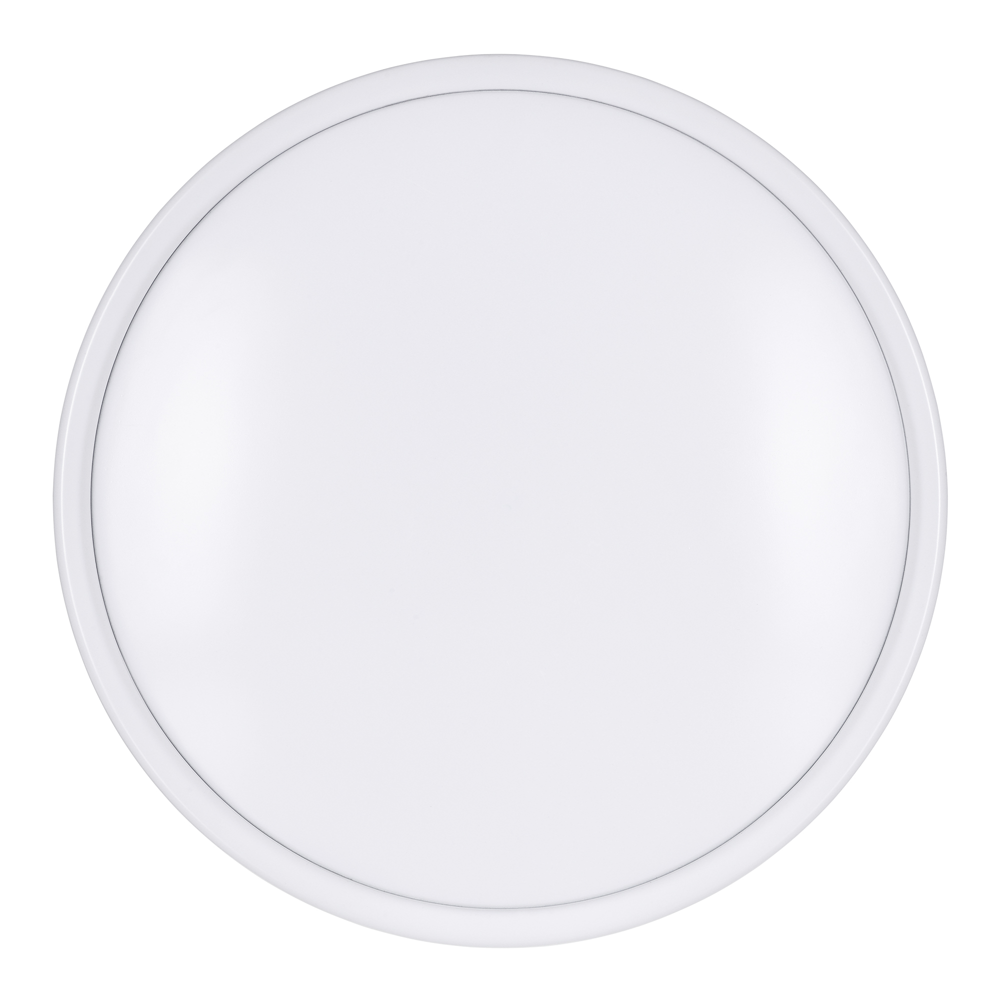 Apparecchio di illuminazione rotondo bianco con finiture argentate. Su sfondo bianco.