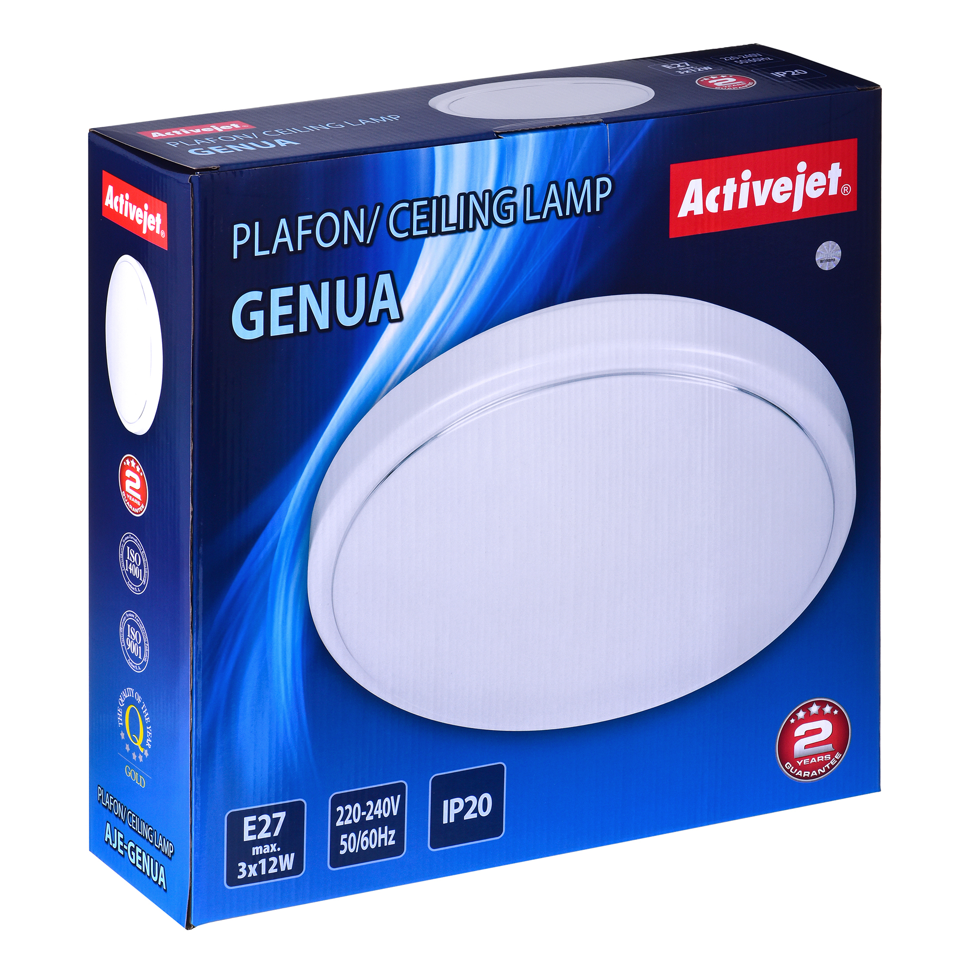 Scatola blu con lampada da soffitto 'GENUA' e 'Activejet'.