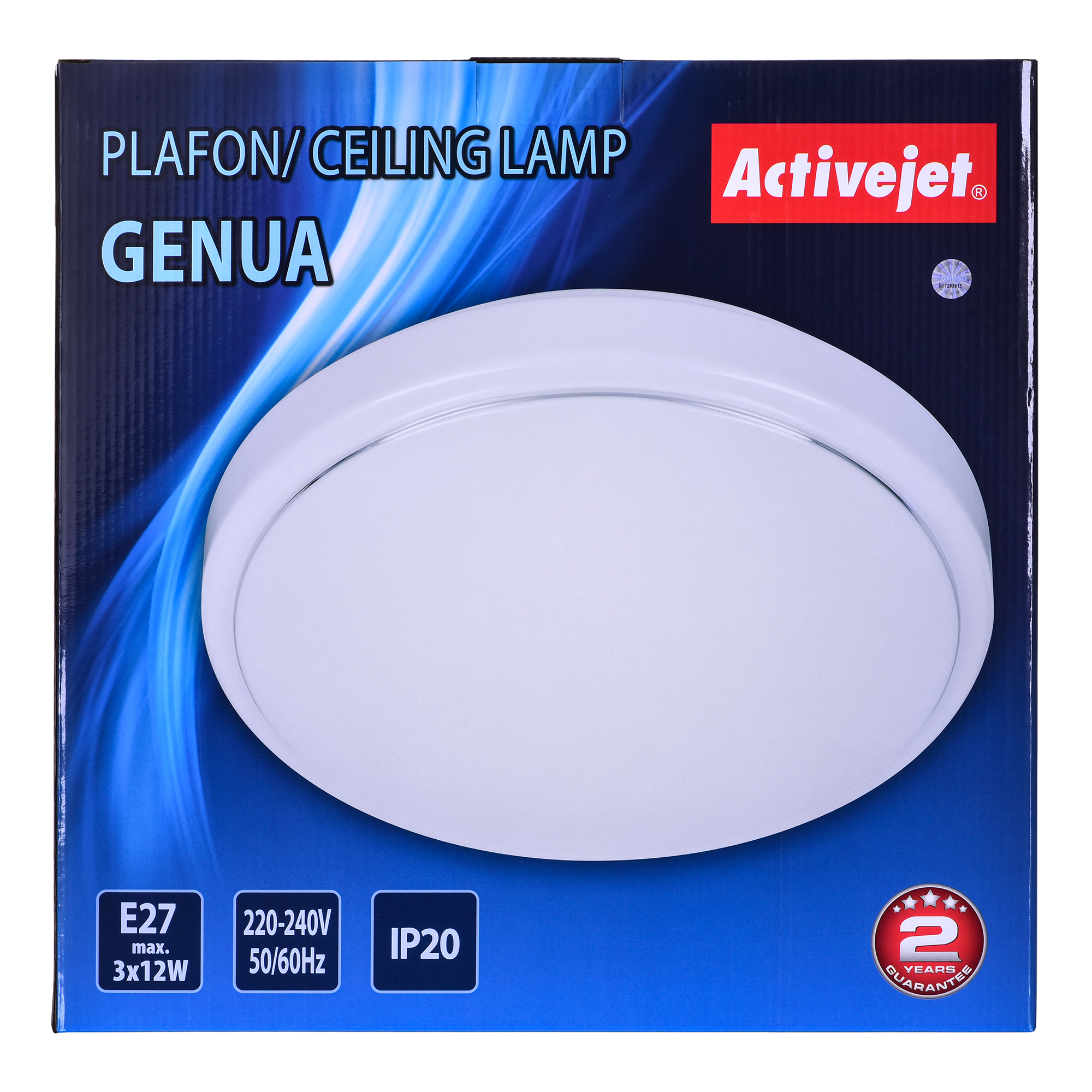 Una lampada da soffitto bianca e rotonda in una scatola. La scatola contiene testo e il marchio Activejet.