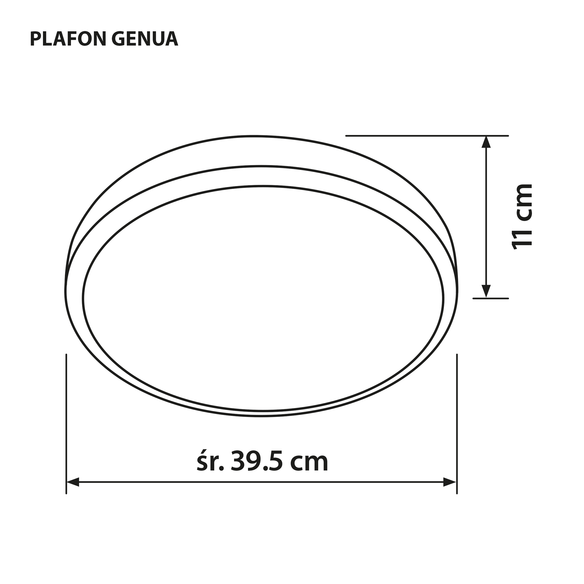 Disegno a linea di una lampada da soffitto. Mostra le dimensioni: 39,5 cm diametro, 11 cm altezza.