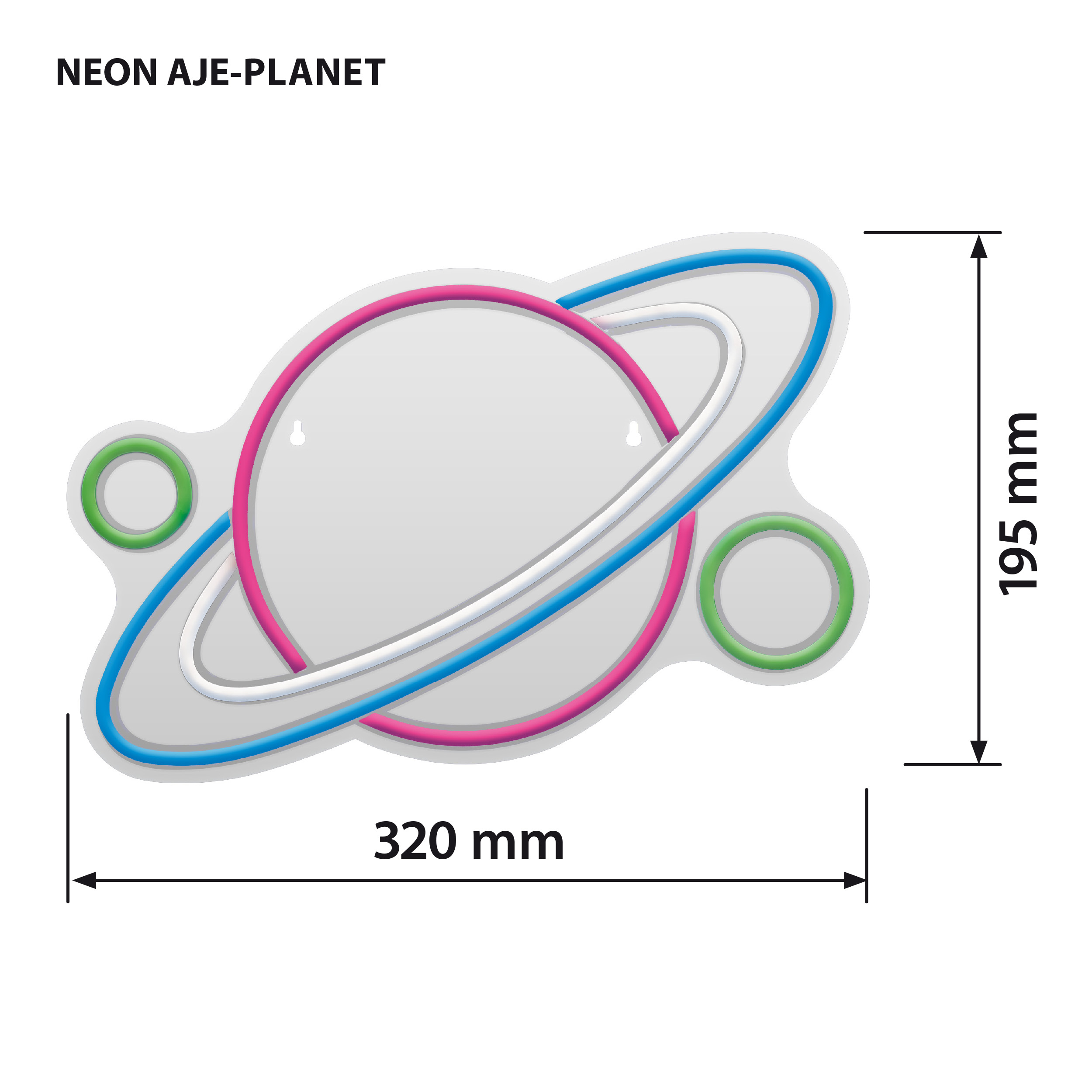 Enseigne néon AJE-PLANET en forme de planète avec anneaux et deux cercles.