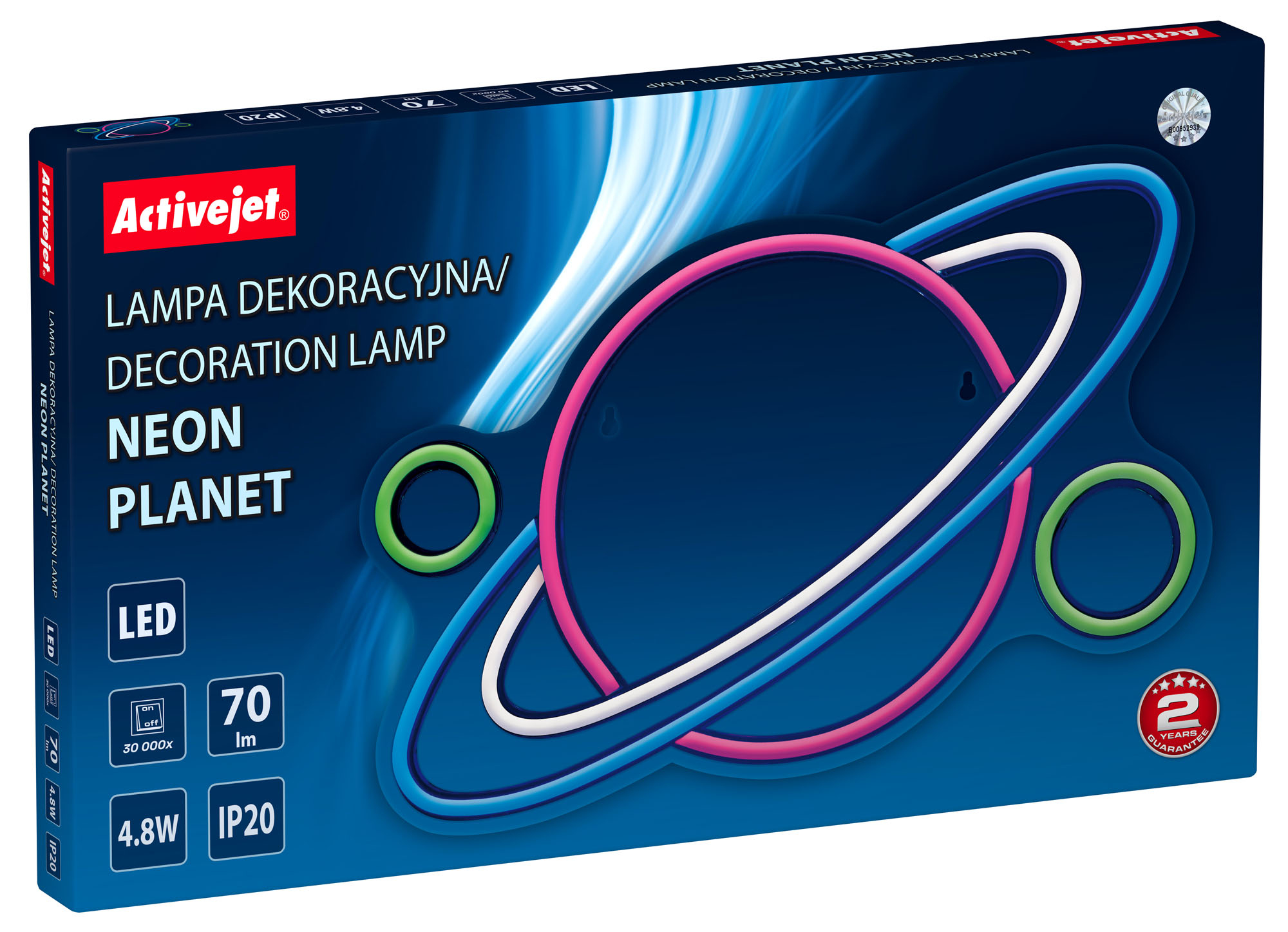 Boîte pour une lampe planète néon. Le texte sur la boîte indique 'Planète néon' et montre un design de planète.