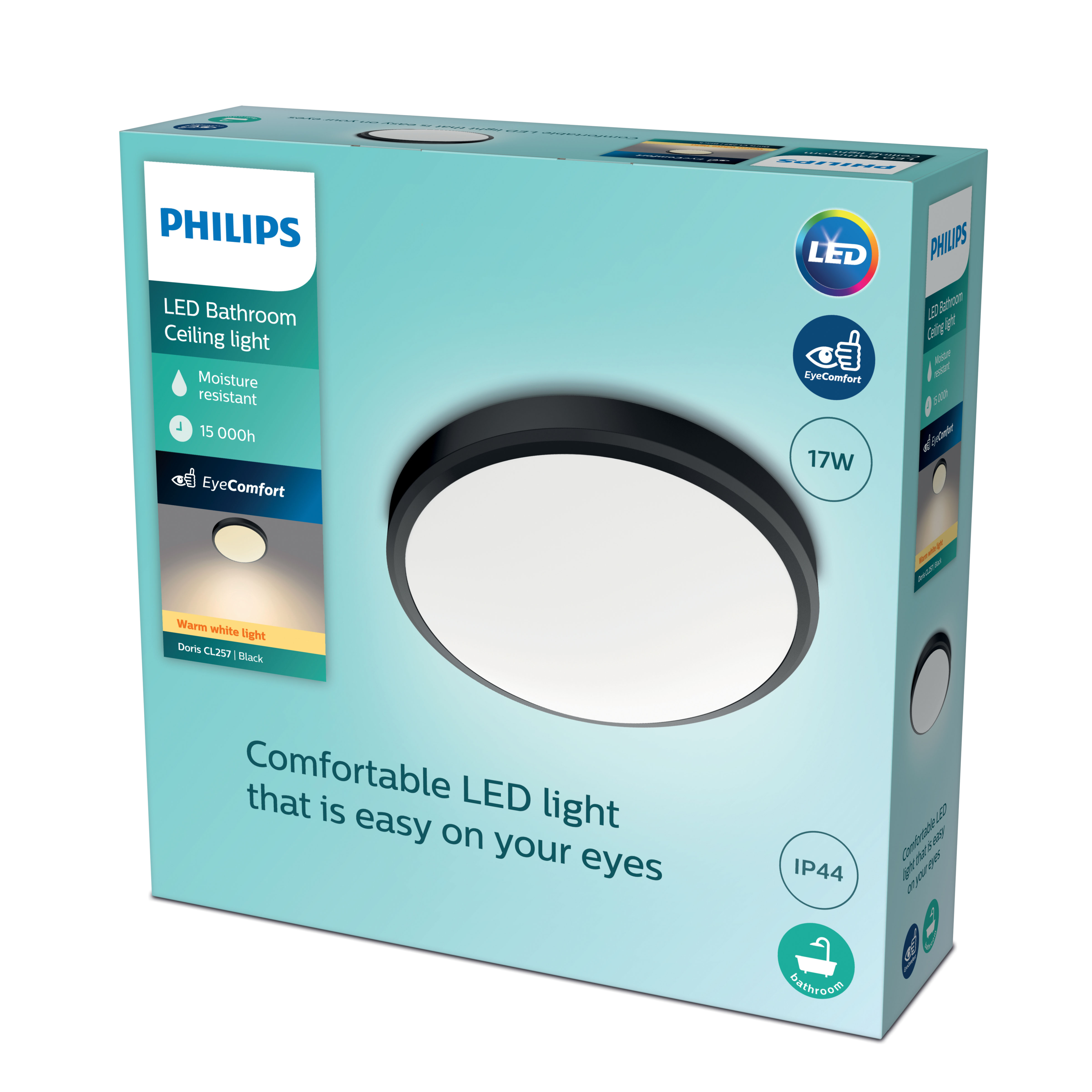 Caja de luz de techo LED Philips para baño con marco negro.