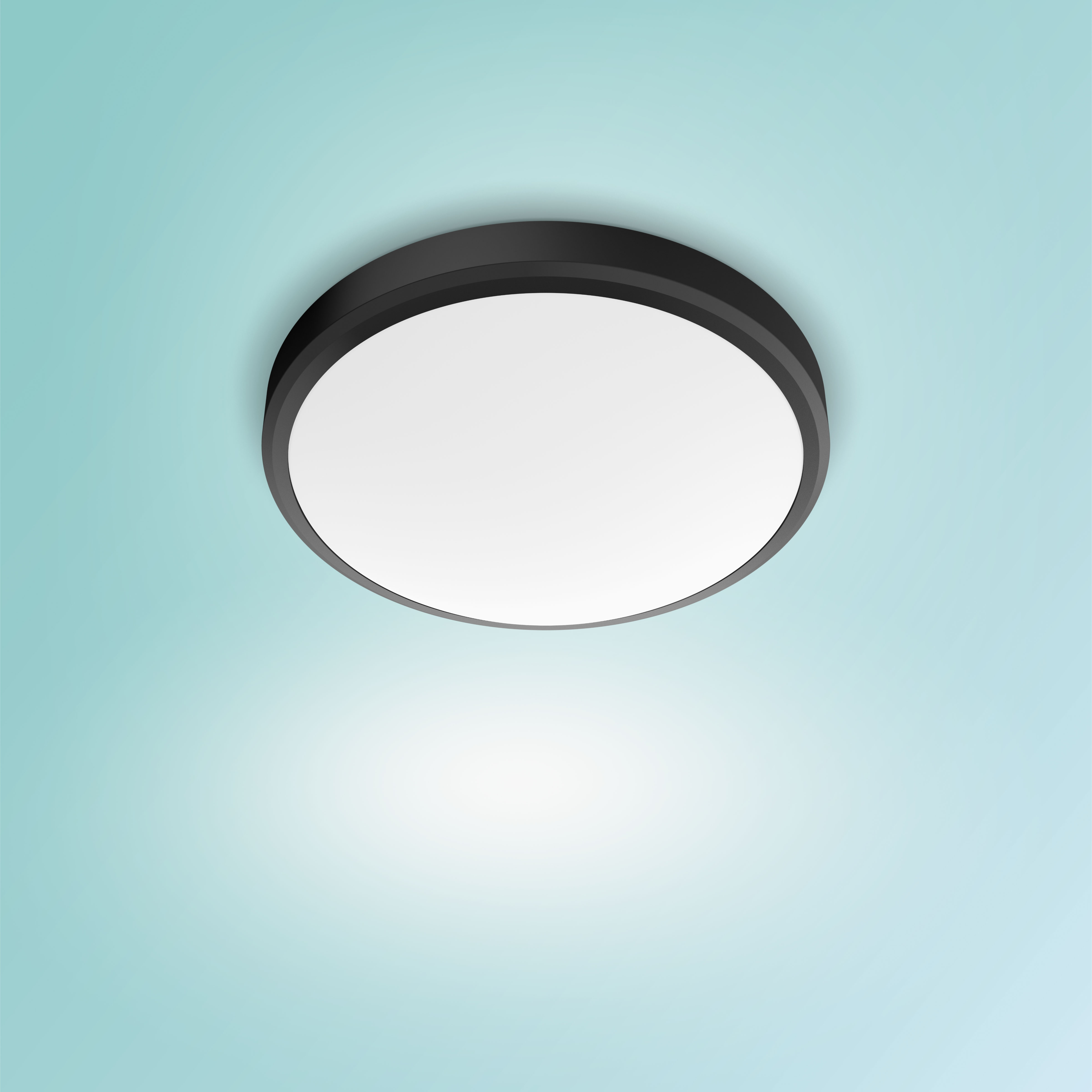 Luz de techo LED redonda con borde negro. Fondo degradado azul claro.