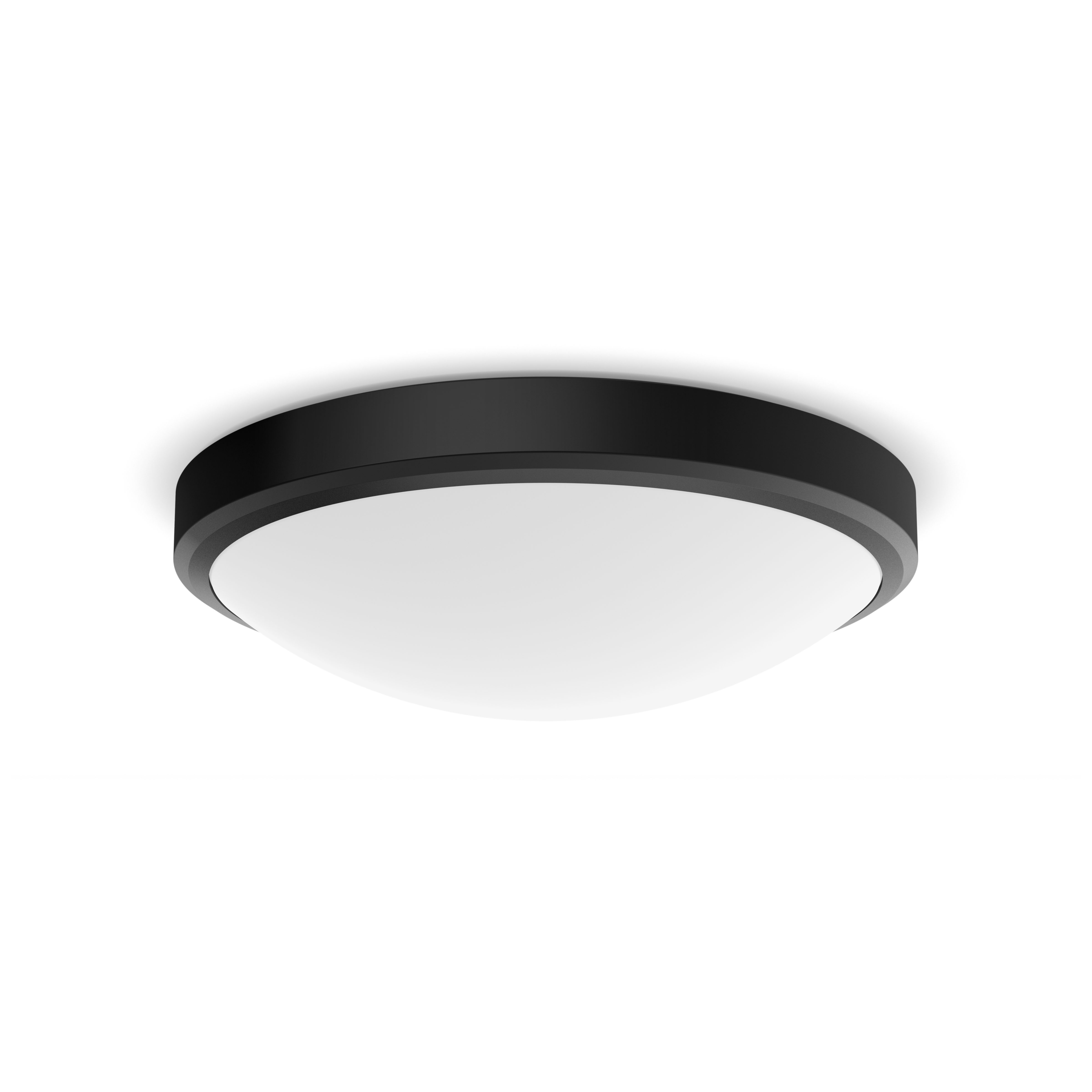 Una lámpara de techo en blanco y negro. Es circular y tiene un diseño redondeado. La parte superior es negra.