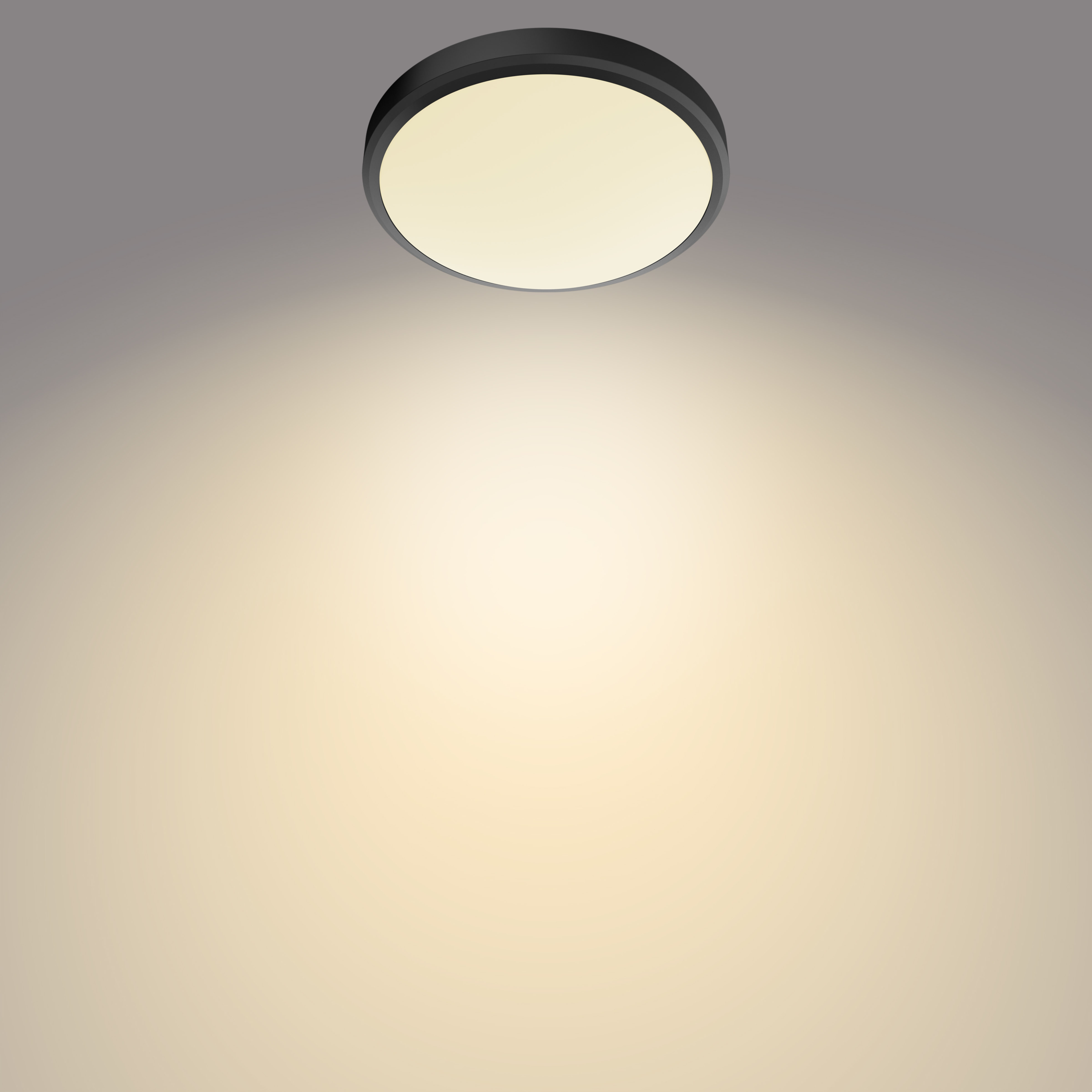 Una luz de techo redonda con borde negro y luz amarilla sobre fondo degradado.