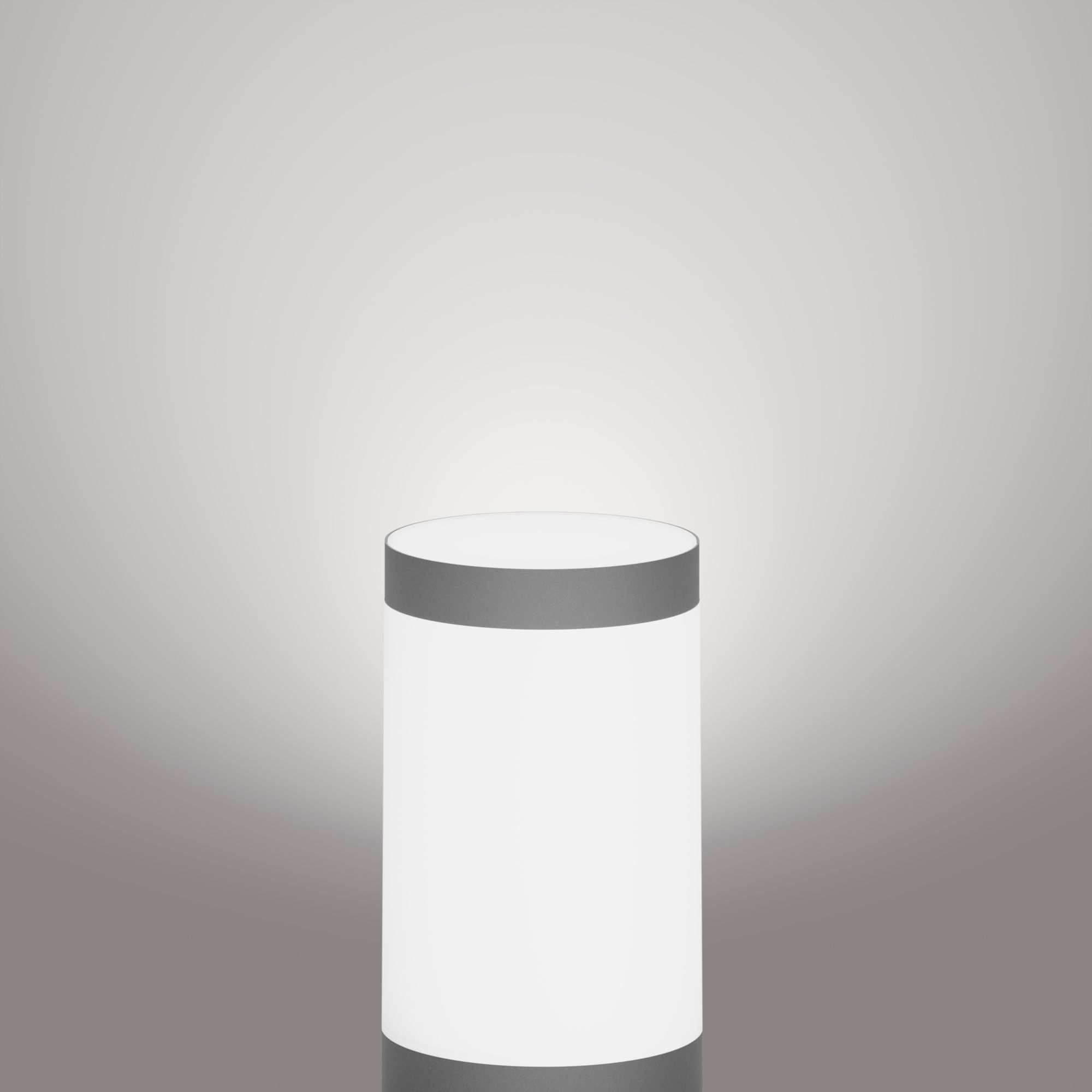 Zylindrische Lampe, weiß mit grauem Deckel, vor grau-weißem Hintergrund.