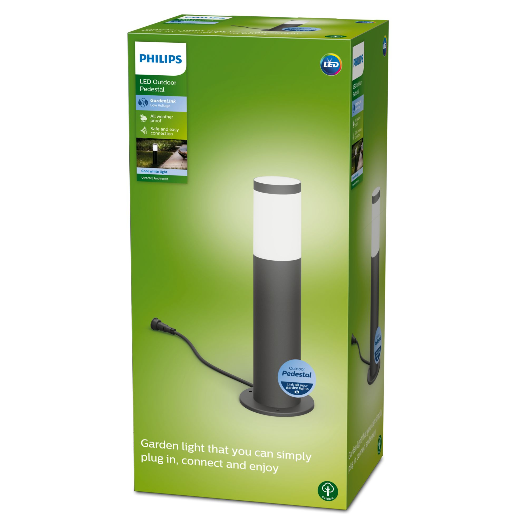 Eine grüne und graue Außenlampe mit einer Box links. Es ist ein Philips LED Outdoor Pedestal.