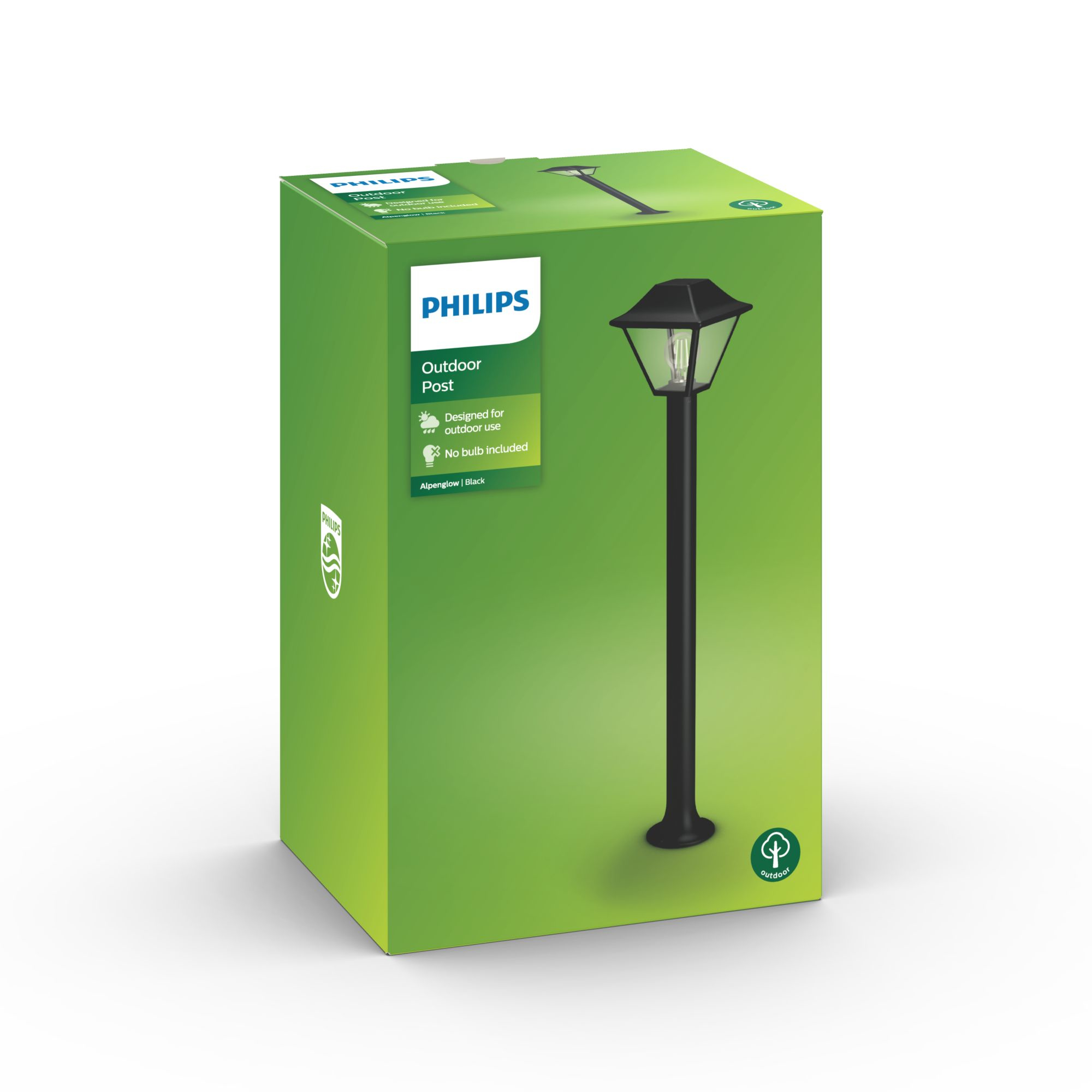 Una scatola verde con l'illustrazione di una lampada da esterno nera.