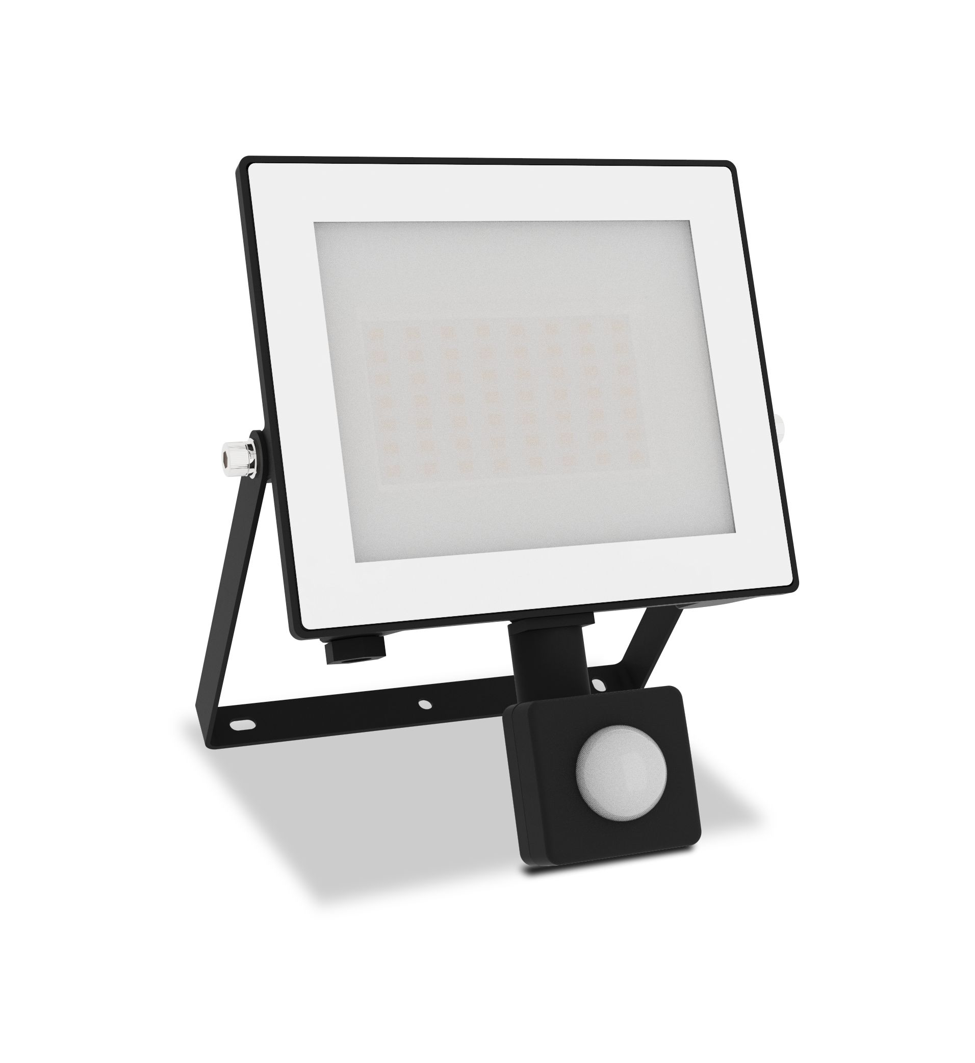 Czarno-biały reflektor z czujnikiem ruchu na białym tle.