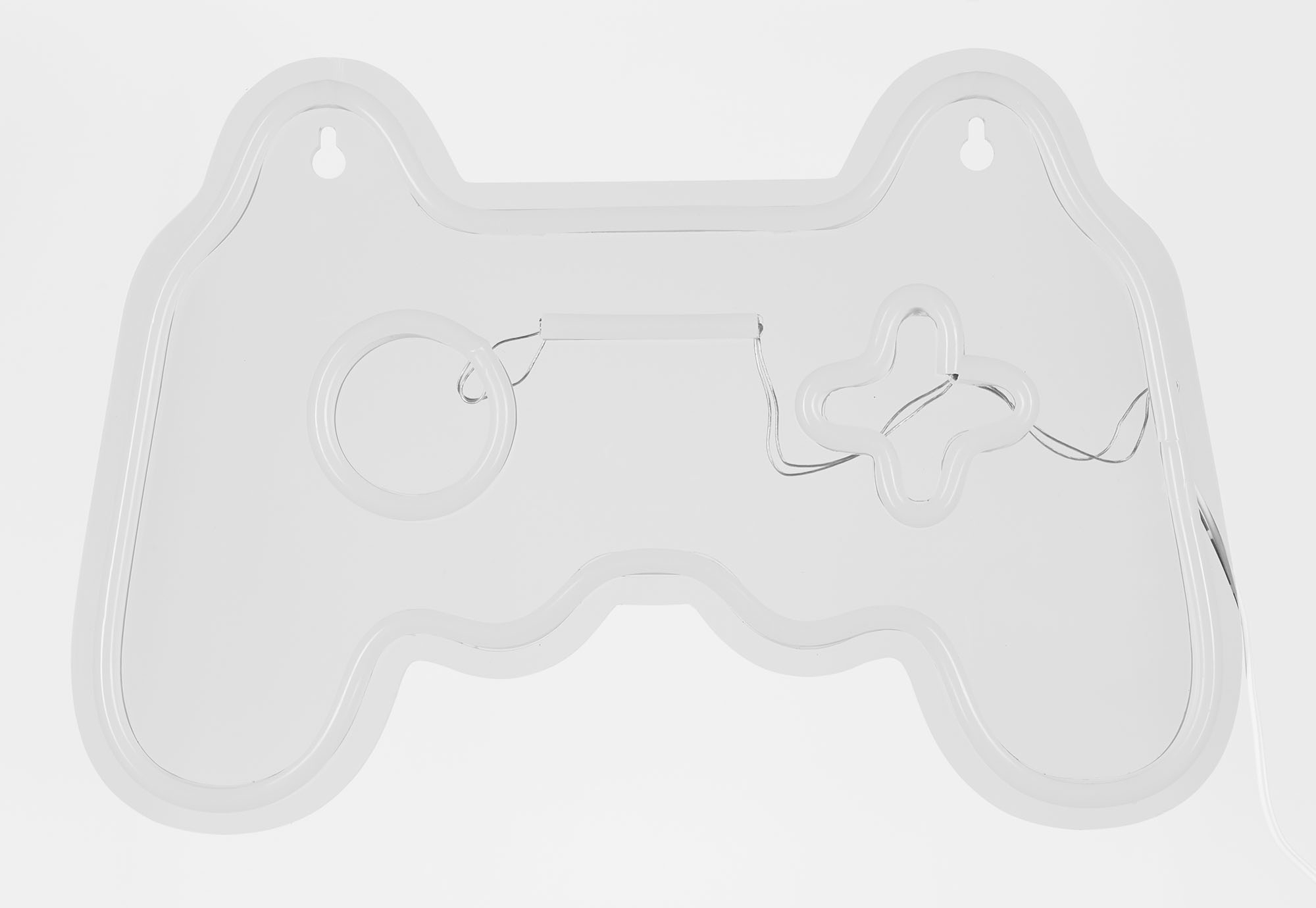 Weißes Neonlicht in Form eines Videospiel-Controllers. Weißer Hintergrund.