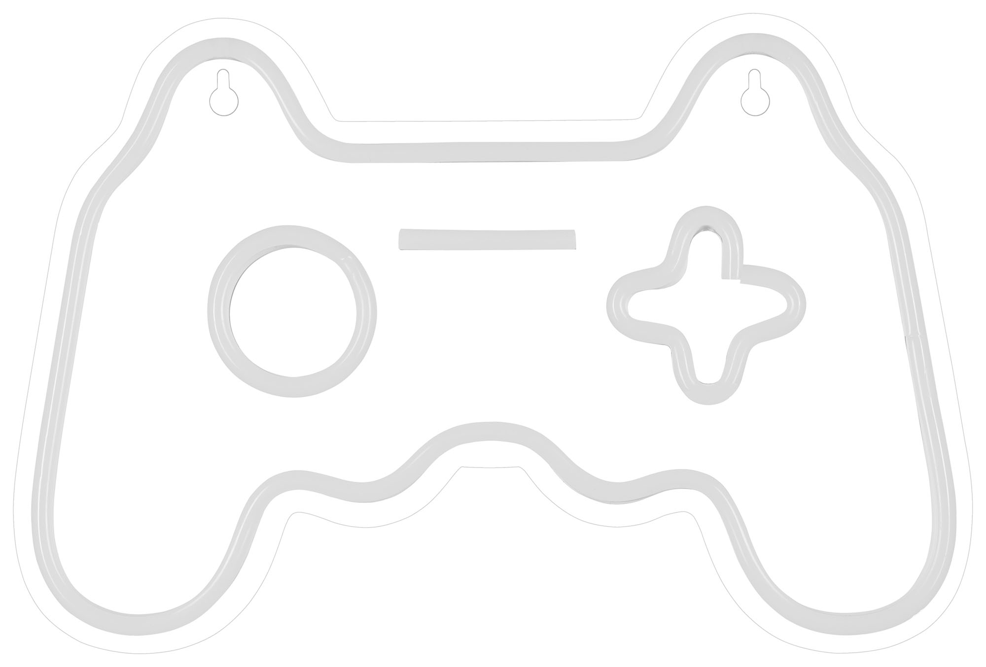 Weißes Neonlicht in Form eines Videospiel-Controllers, mit Details von Knöpfen und Griffen.