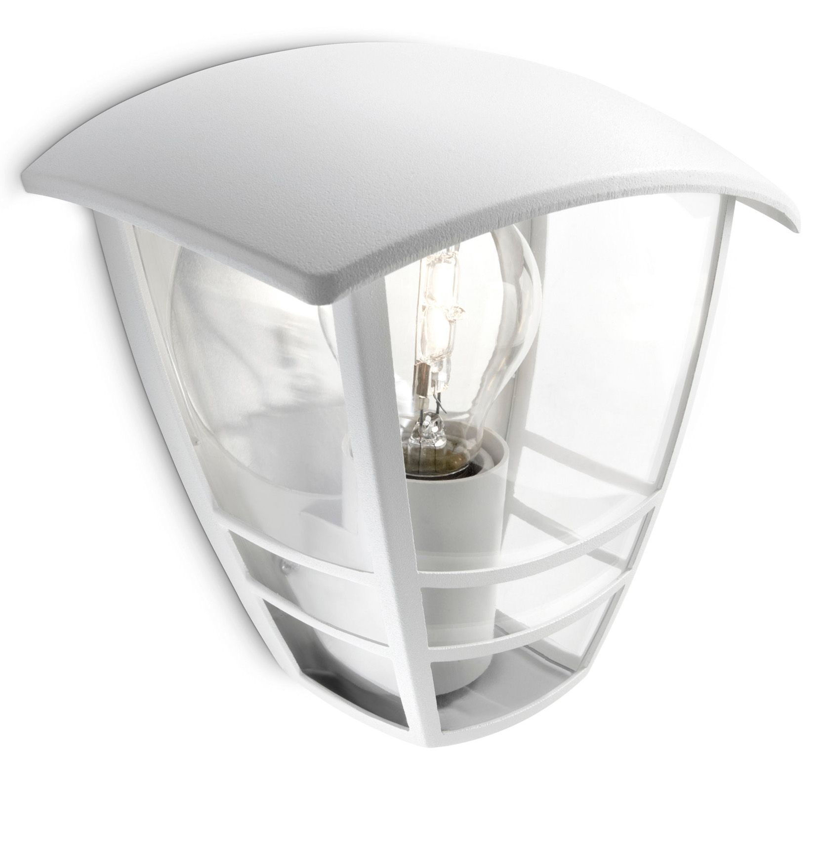 Lampada da esterno bianca con frontale trasparente e lampadina visibile. Sfondo bianco.